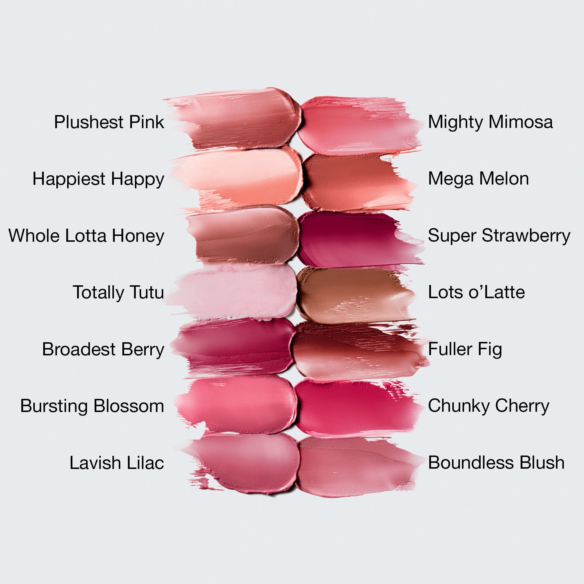 12 Lippenstiftfarben-Abstriche. Produktnamen darunter. Auf hellem Hintergrund.