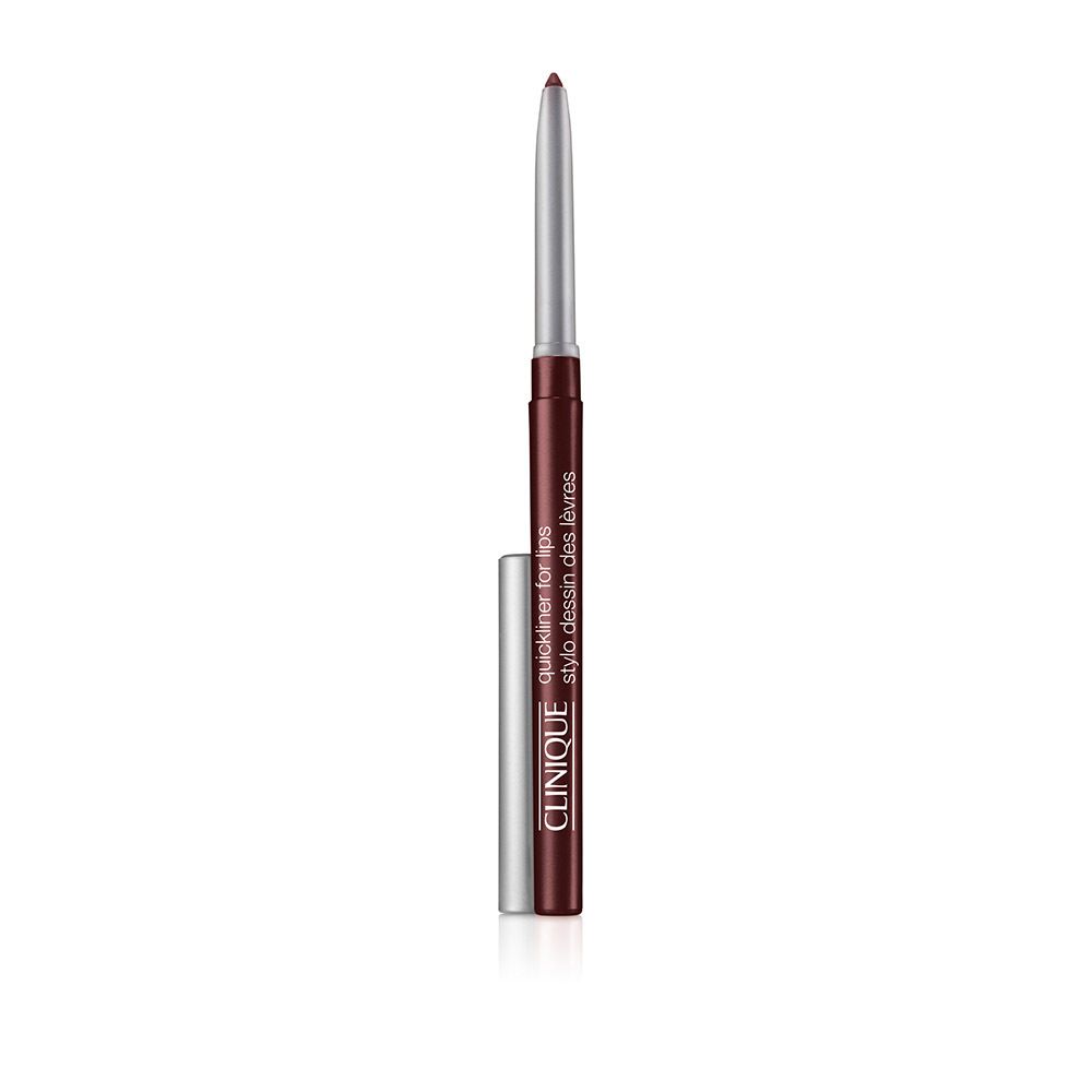 Lippenkonturenstift. Silberfarbener Stift mit brauner Mine und Kappe. Aufschrift: Clinique, Quickliner for lips, Stylo dessin des lèvres.