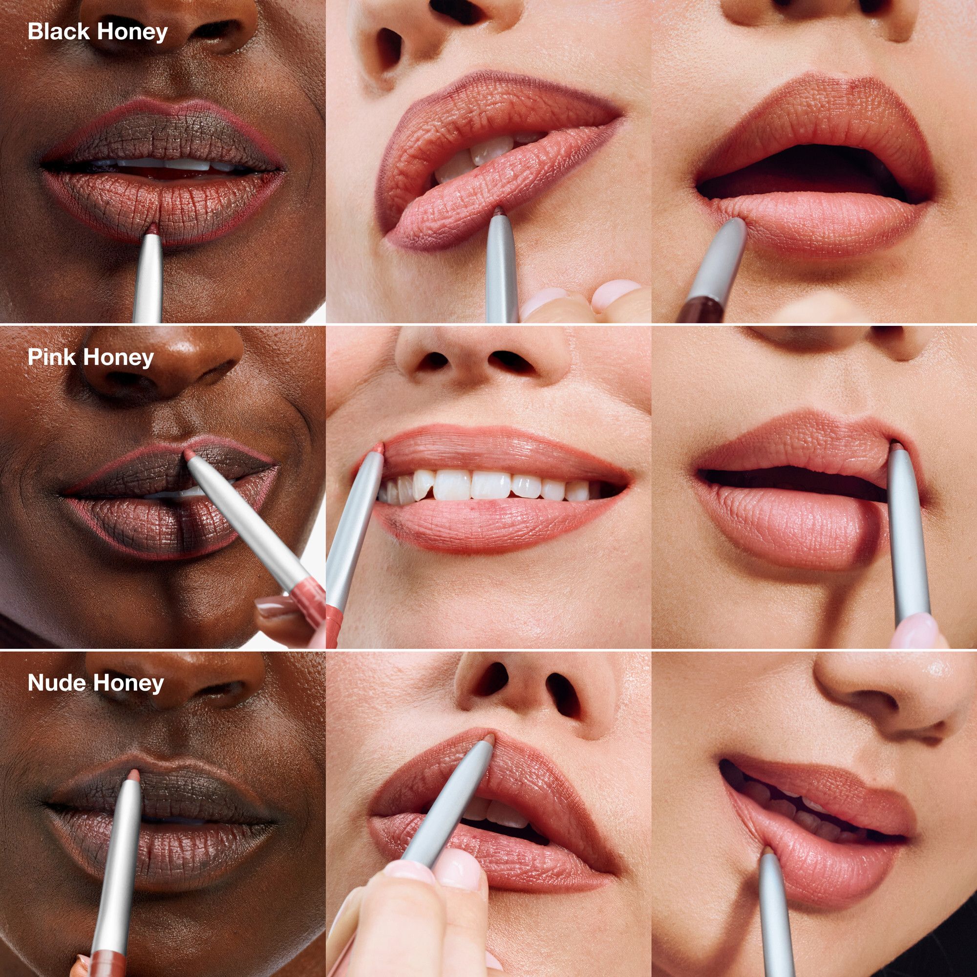 Mehrere Frauen mit Lippenkonturenstiften. Verschiedene Hauttöne und Lippenfarben. Aufschrift: Black Honey, Pink Honey, Nude Honey.