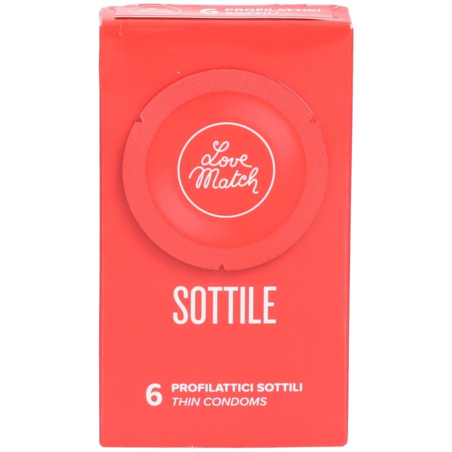 Verpackung von Love Match Sottile Kondomen, 6 Stück.
