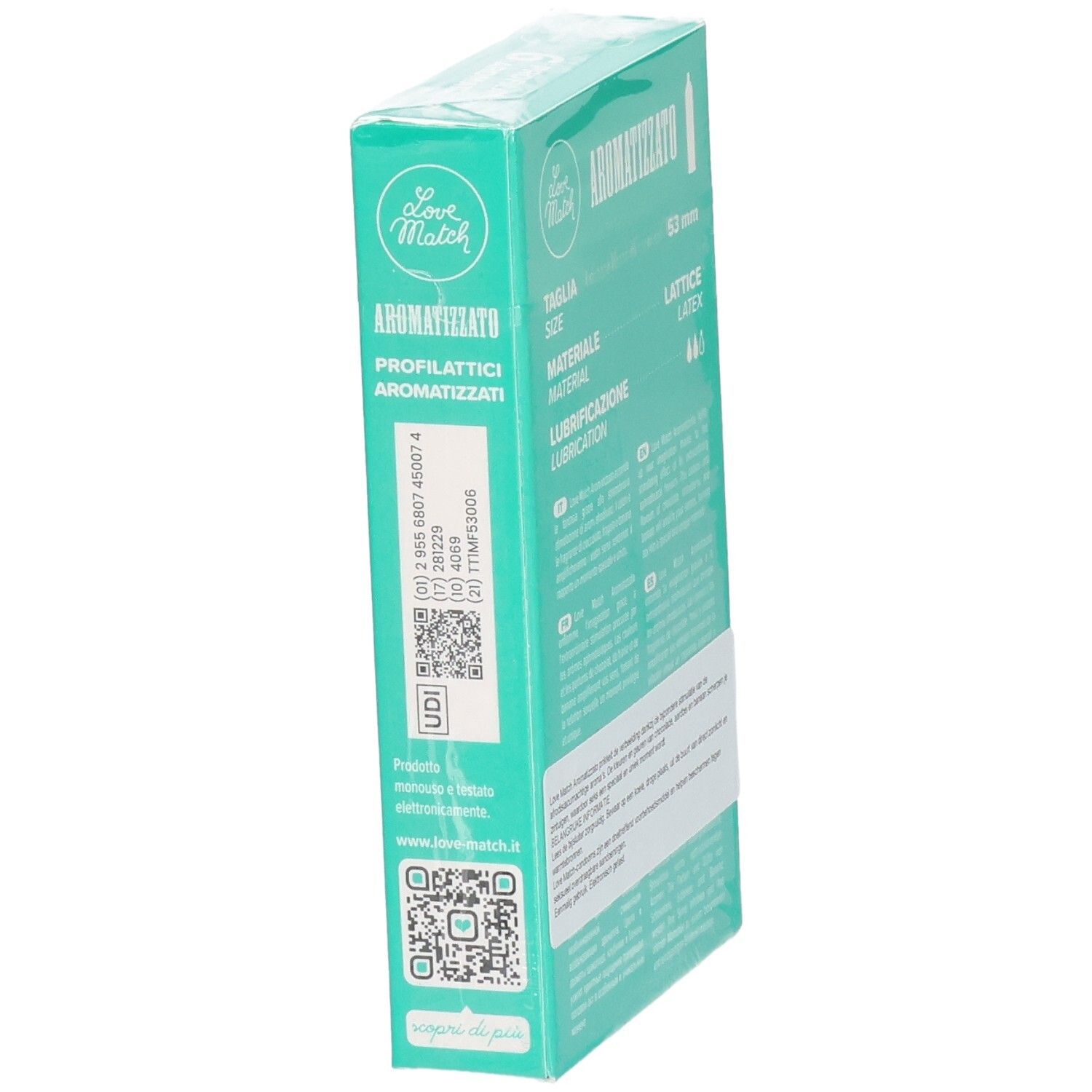 Seitenansicht der Verpackung mit 6 Love Match aromatisierten Kondomen und Produktinformationen.