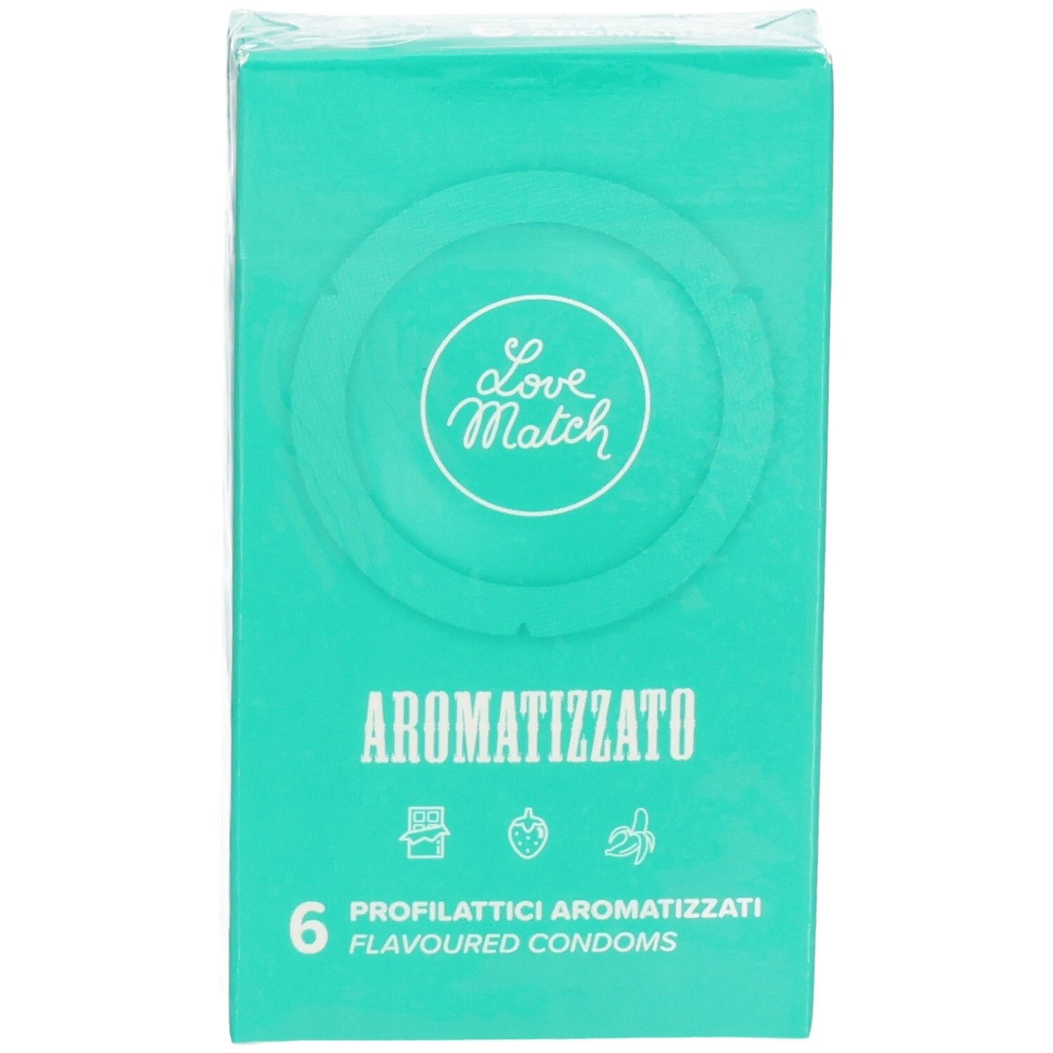 Verpackung mit 6 Love Match aromatisierten Kondomen, Vorderseite.