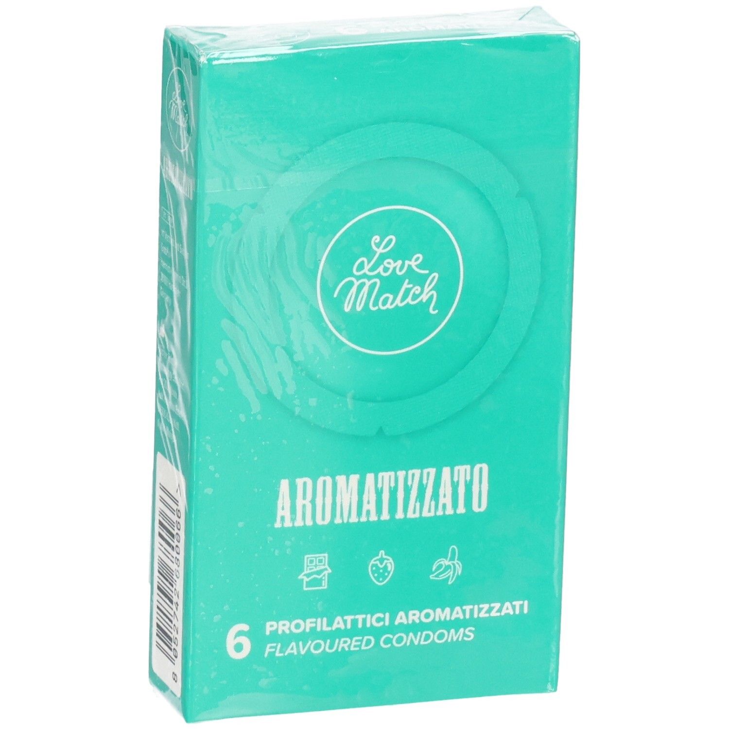 Verpackung mit 6 Love Match aromatisierten Kondomen, leicht schräg von vorne.