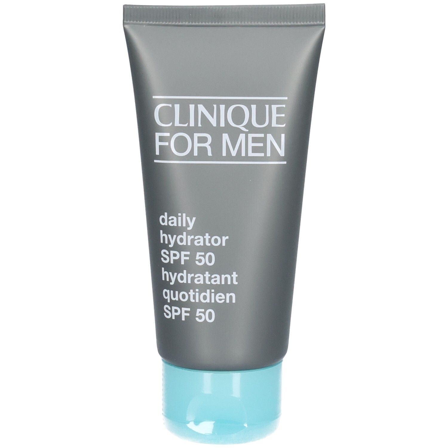 Graue Tube mit blauem Deckel. Aufschrift: CLINIQUE FOR MEN, daily hydrator SPF 50, hydratant quotidien SPF 50.