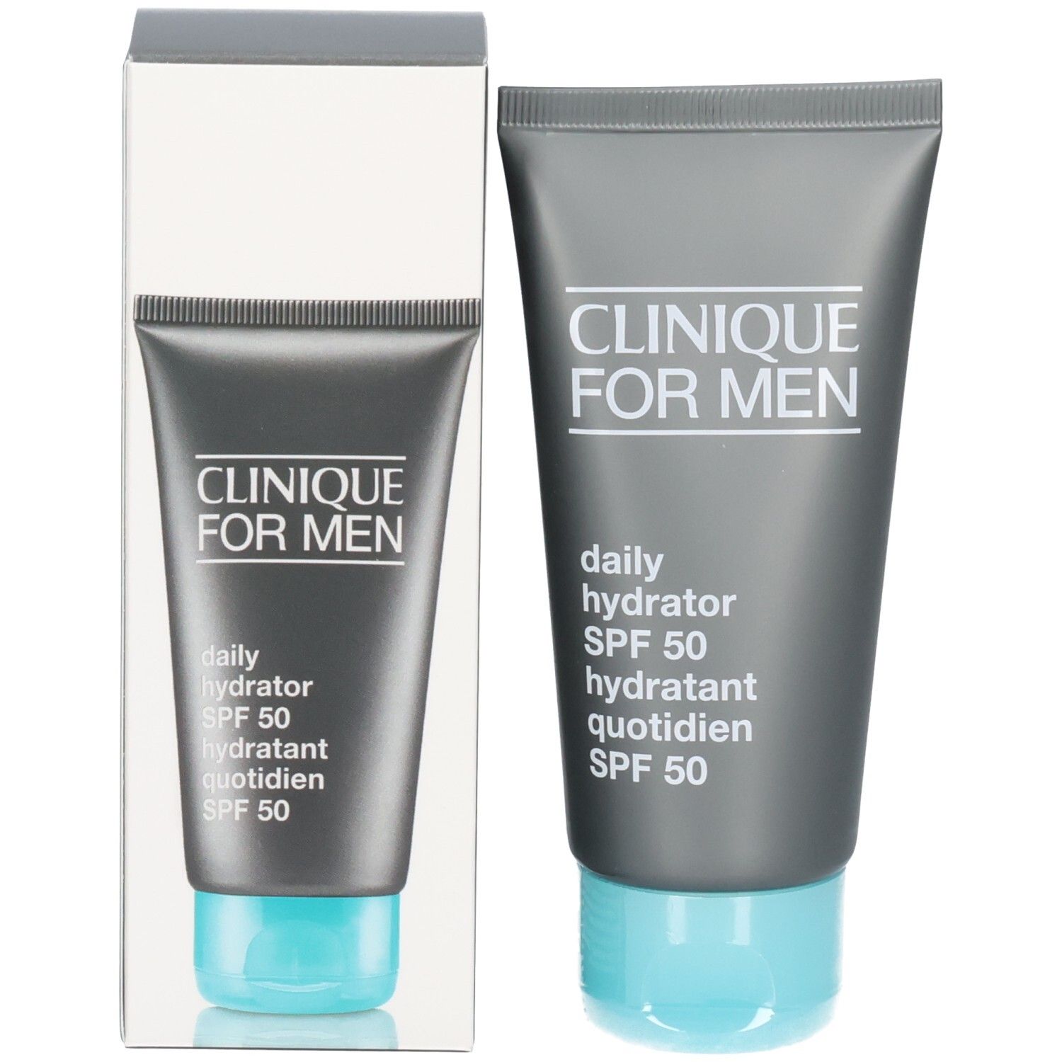 Produktverpackung. Graue Tube mit blauem Deckel und weißer Verpackung. Aufschrift: CLINIQUE FOR MEN.
