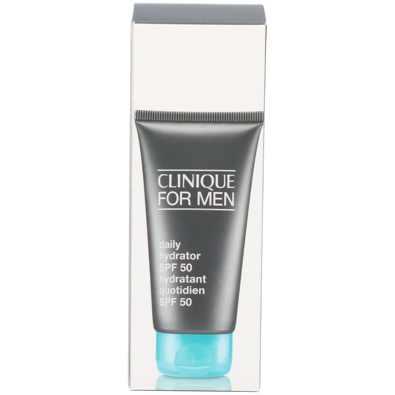 Produktverpackung. Graue Tube mit blauem Deckel in weißer Verpackung. Aufschrift: CLINIQUE FOR MEN.