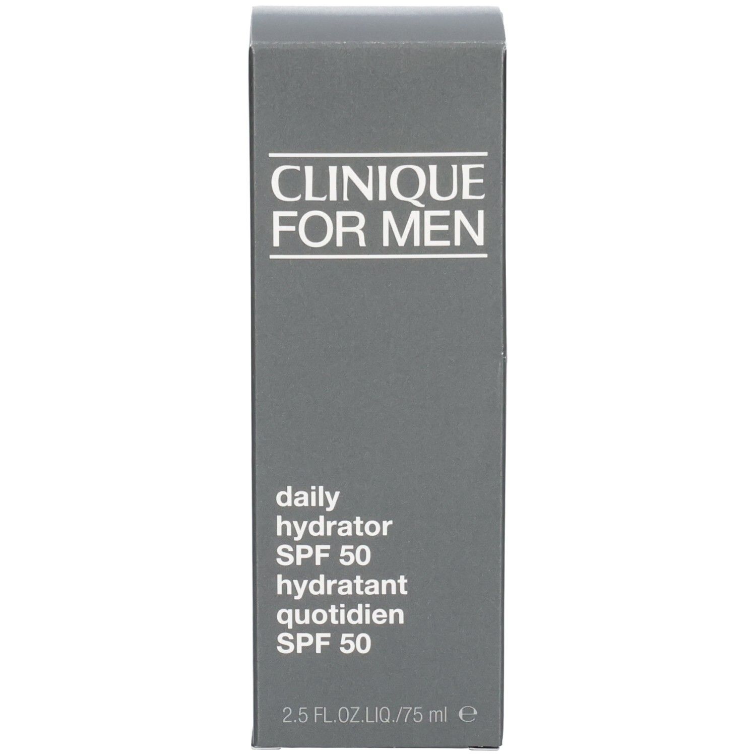 Verpackung. Graue Schachtel mit Text: CLINIQUE FOR MEN, daily hydrator SPF 50, hydratant quotidien SPF 50.