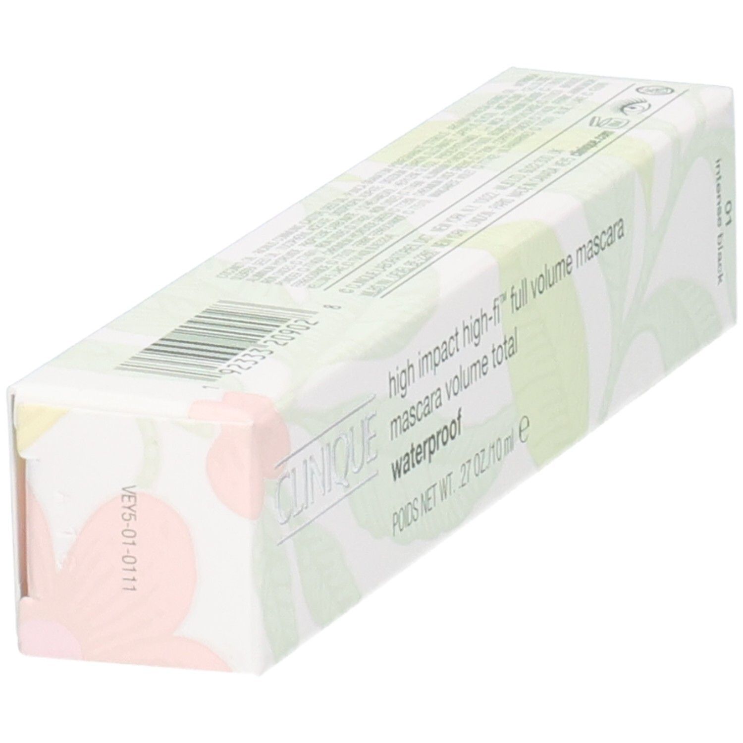 Schrägansicht der Mascara-Verpackung. Text: Clinique, high impact high-fi full volume mascara, waterproof. Barcode.