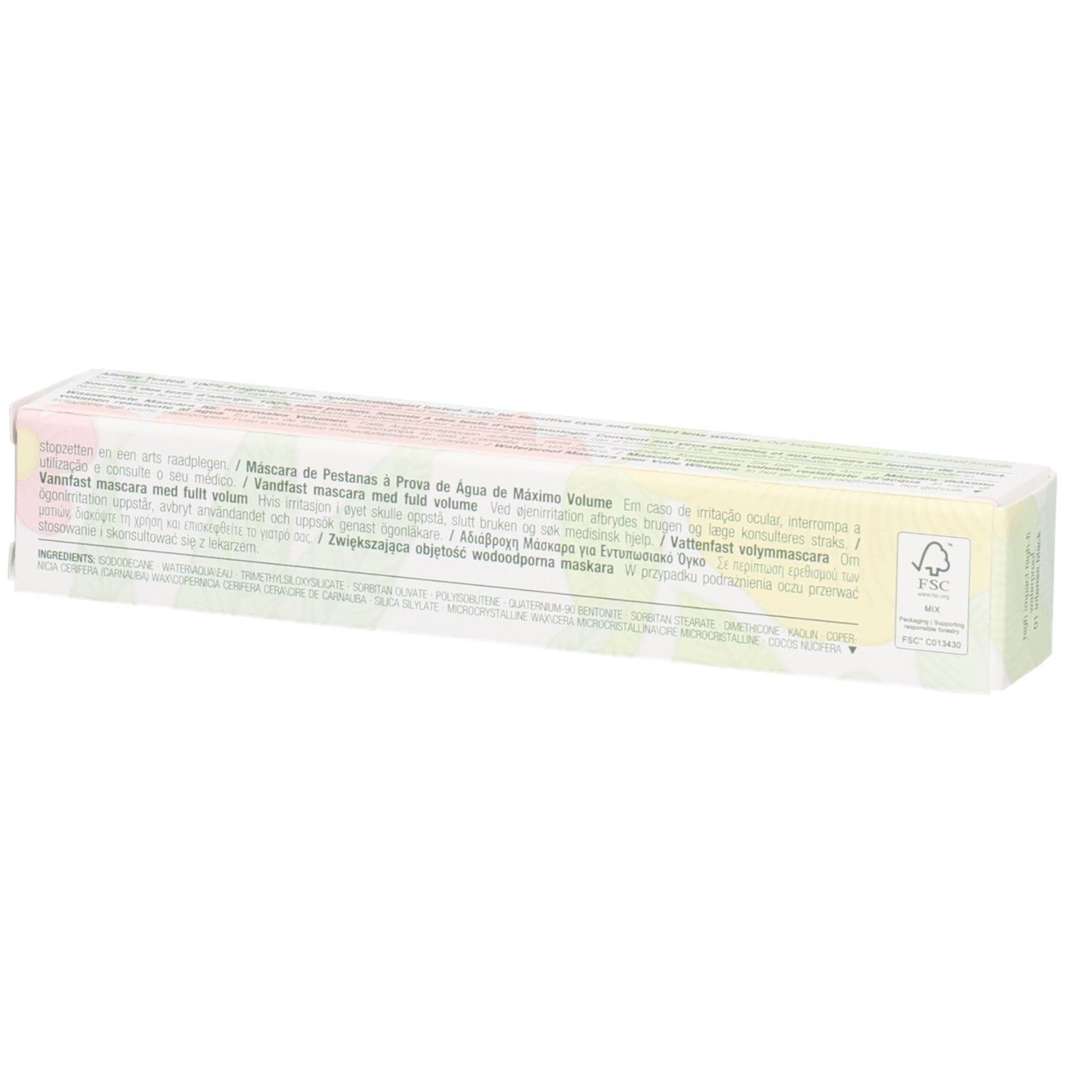 Rückseite der Mascara-Verpackung. Mehrsprachiger Text. FSC-Logo.