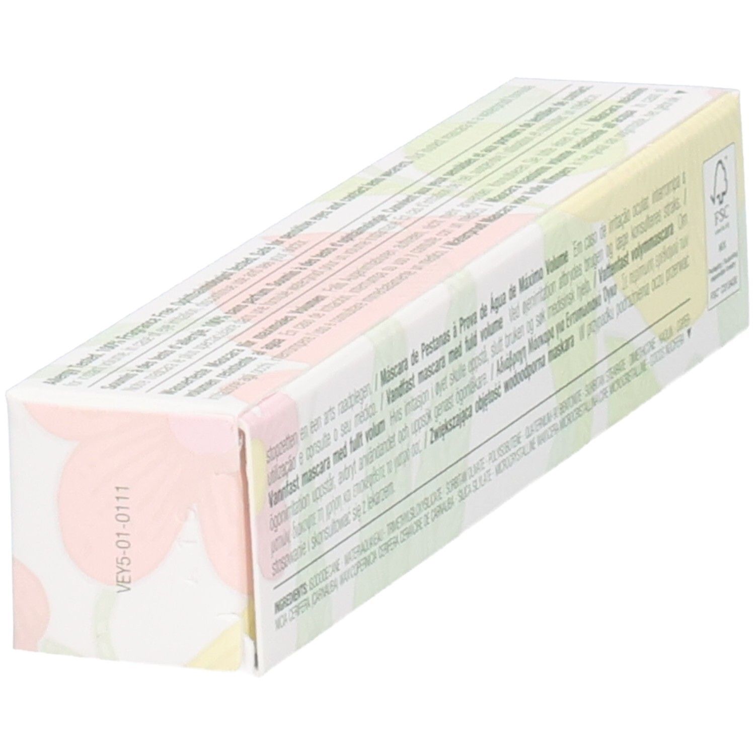 Schrägansicht der Mascara-Verpackung. Mehrsprachiger Text. FSC-Logo.