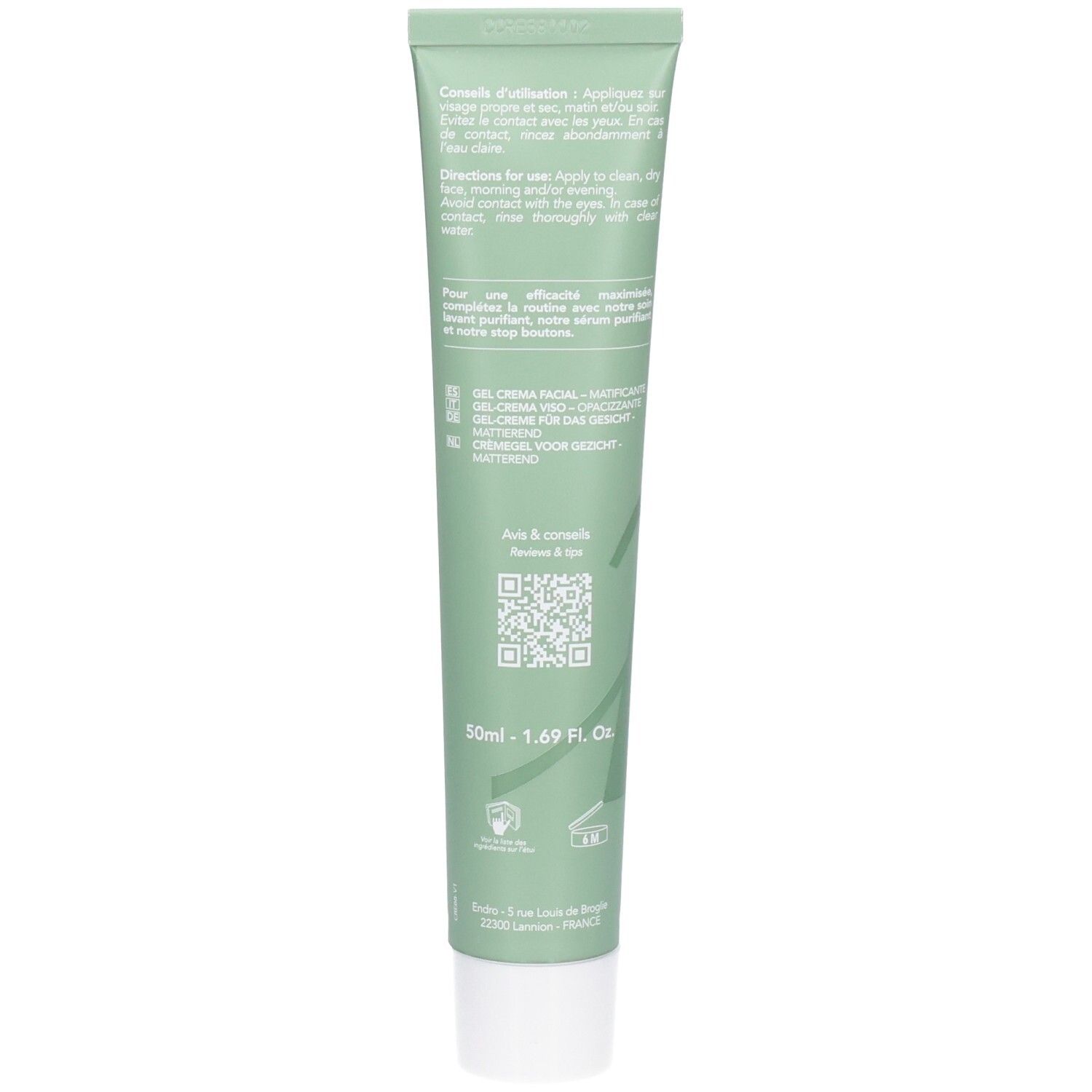 Rückseite der Endro mattierenden Gel-Creme Tube mit Anwendungshinweisen und QR-Code.