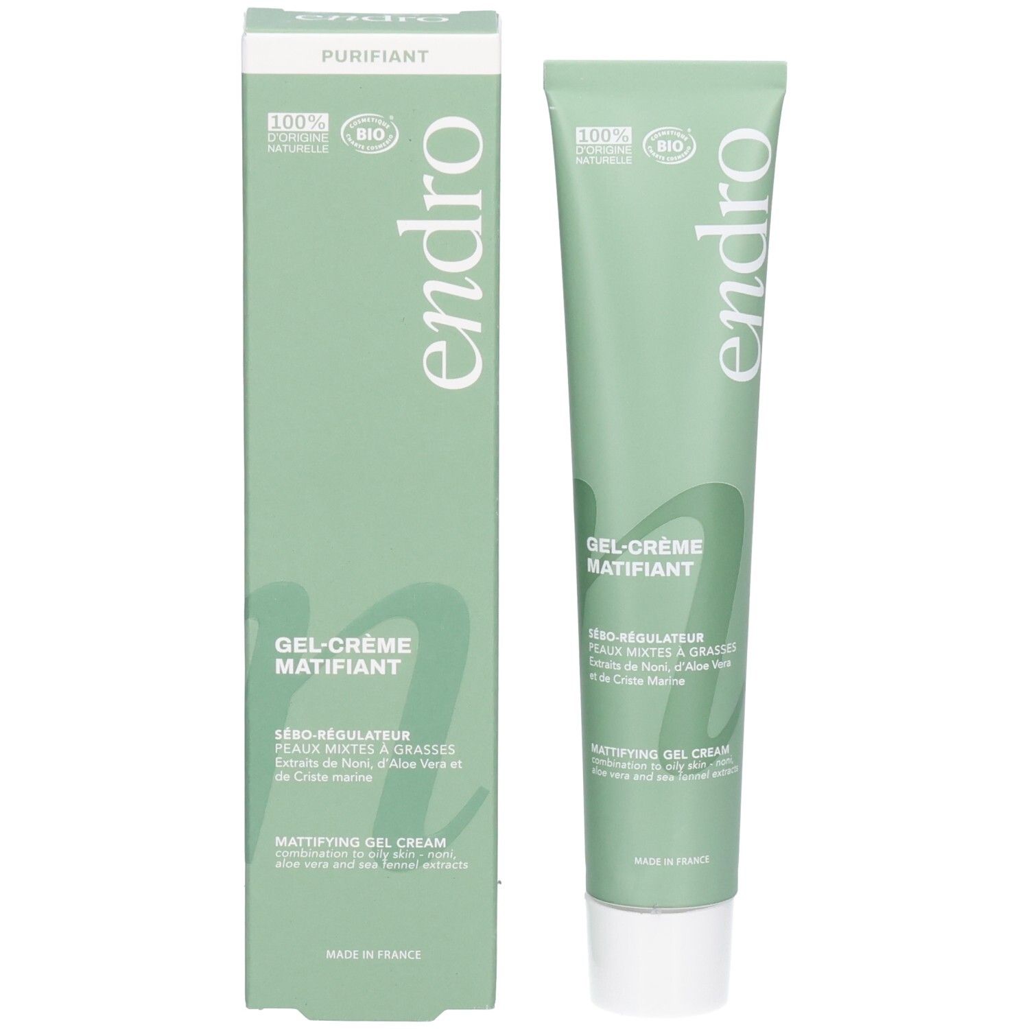 Endro mattierende Gel-Creme Tube und Umverpackung. Beide mit 100% natürlichen und Bio-Siegeln.