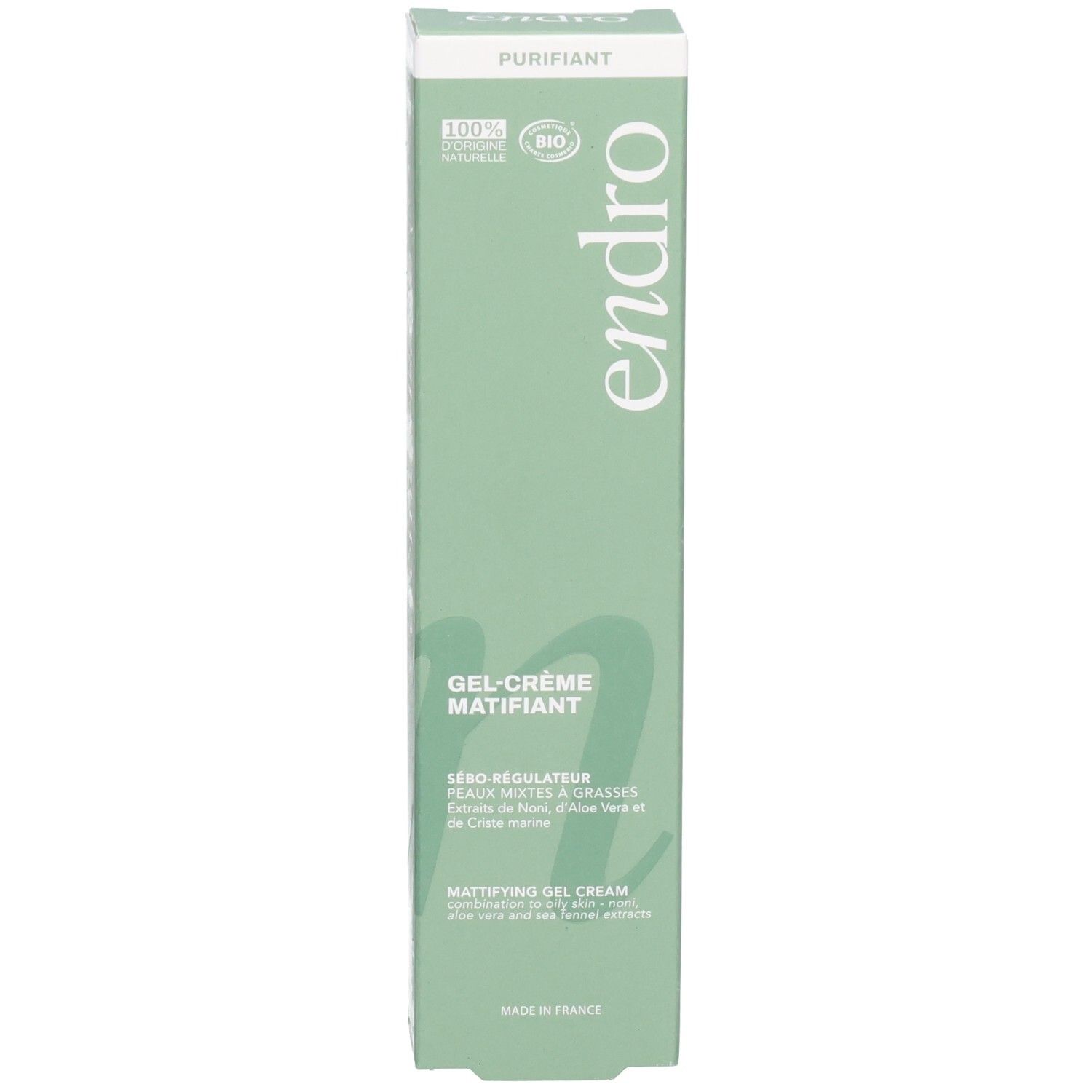 Endro mattierende Gel-Creme Umverpackung. Vorderseite mit Produktnamen und Siegeln.