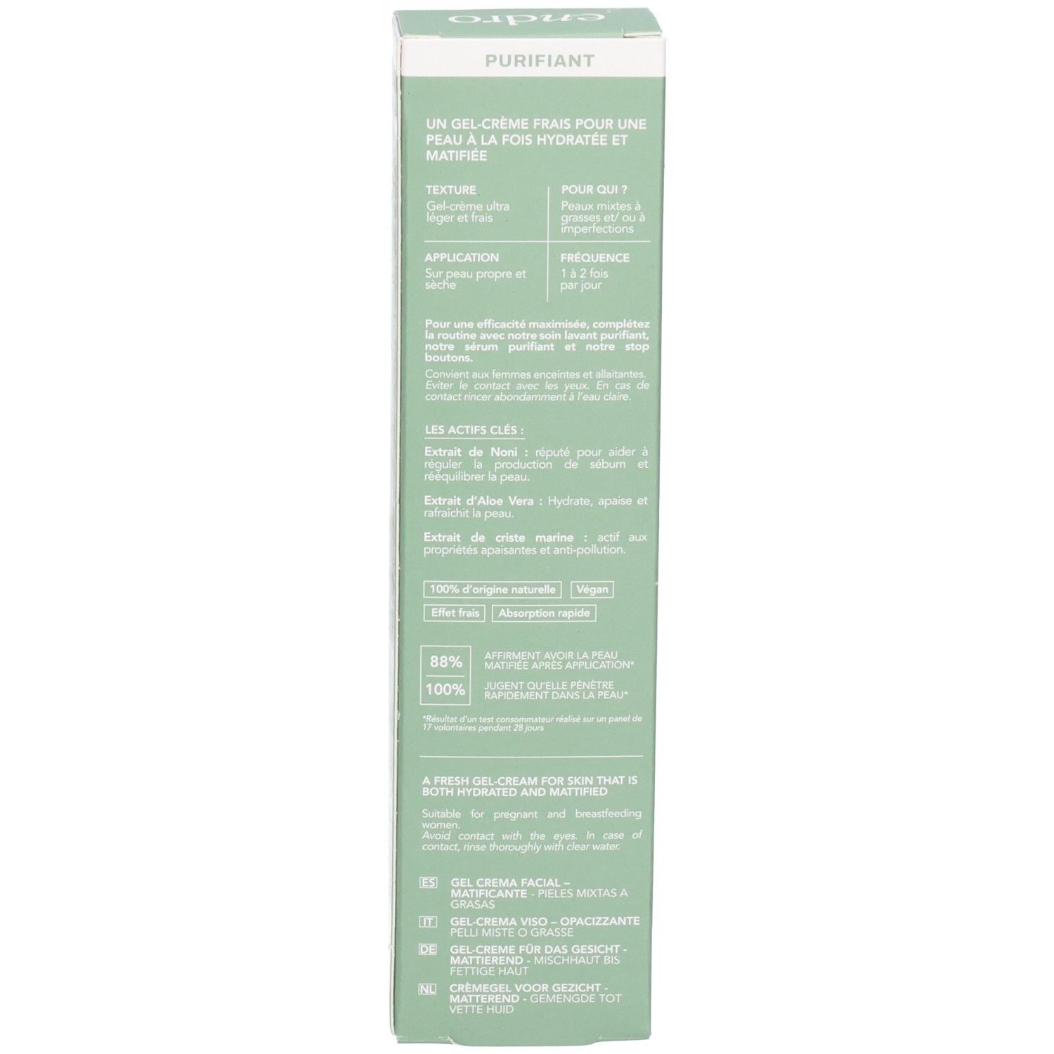 Rückseite der Endro mattierenden Gel-Creme Umverpackung mit detaillierten Produktinformationen.
