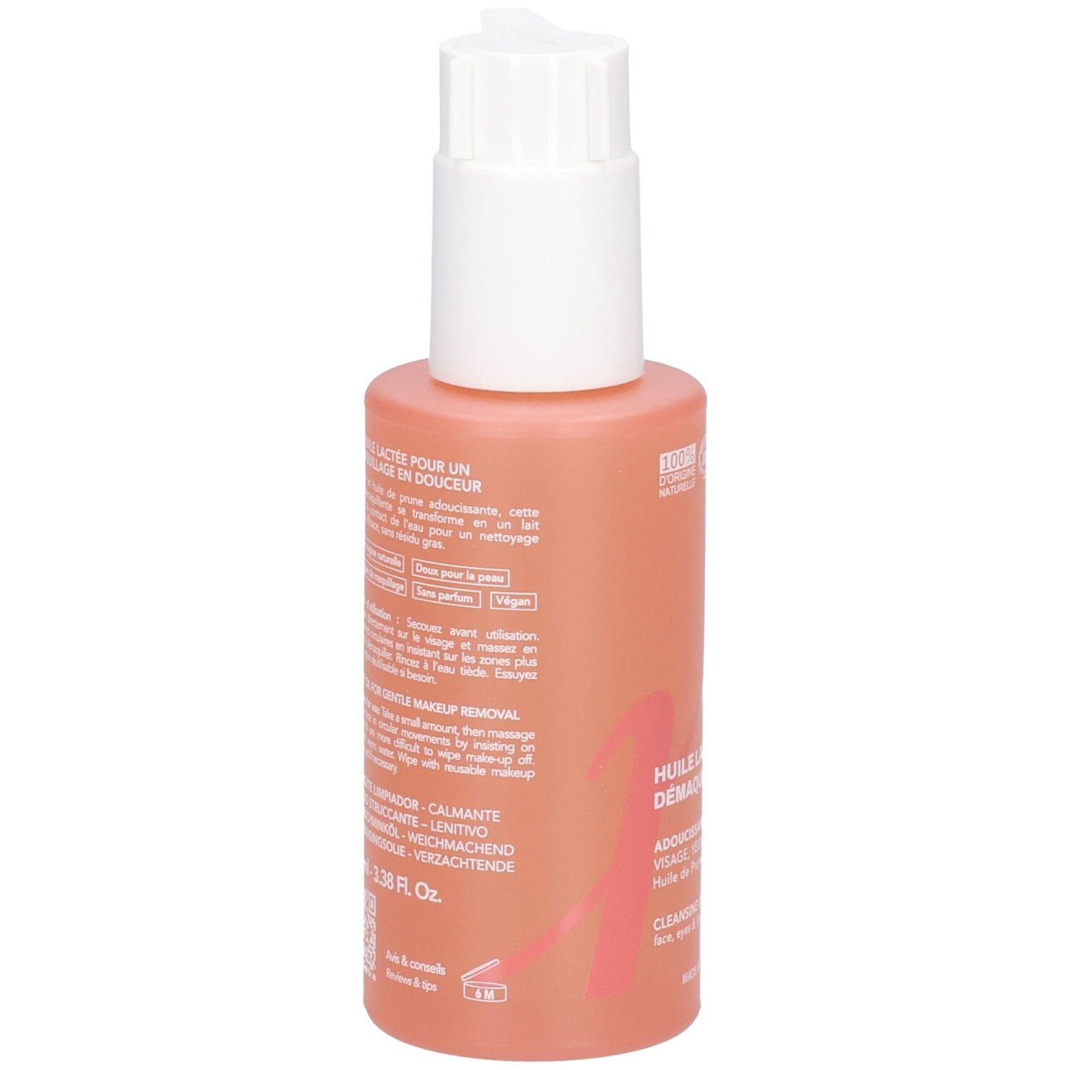 Pfirsichfarbene Flasche mit Pumpspender, enthält Make-up-Entferner.