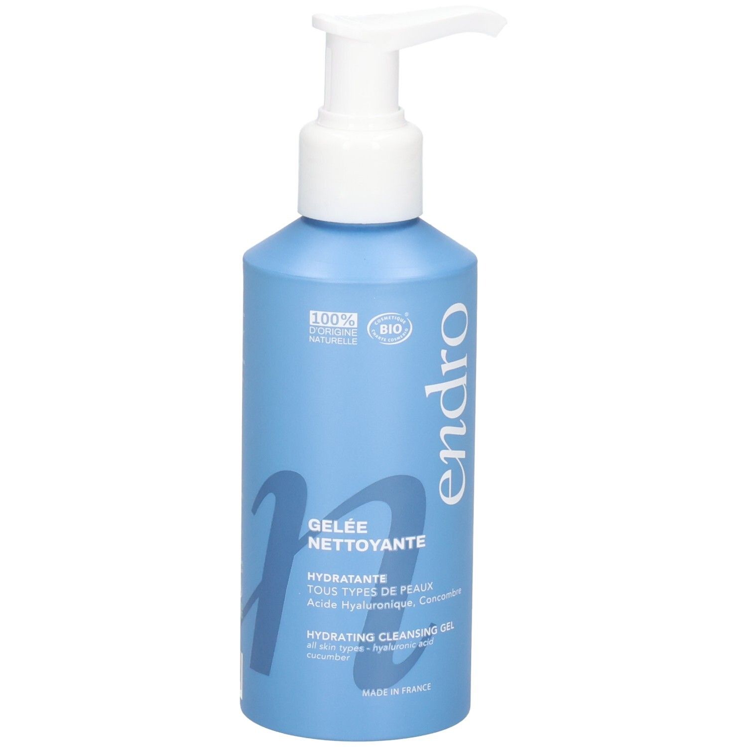 Blaue Flasche mit Pumpspender, Endro Hydrating Cleansing Gel.