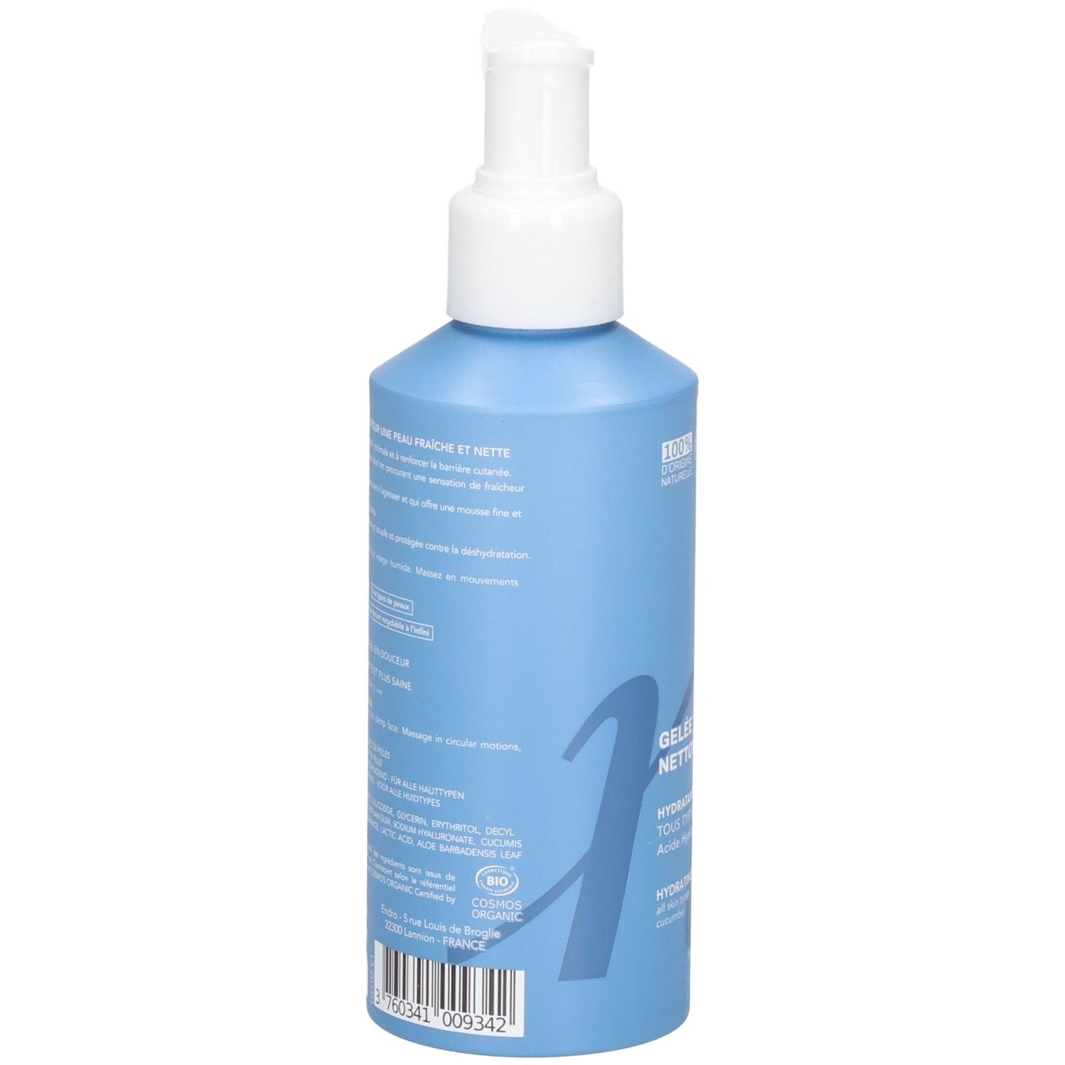 Rückseite einer blauen Flasche mit Pumpspender, Endro Hydrating Cleansing Gel.
