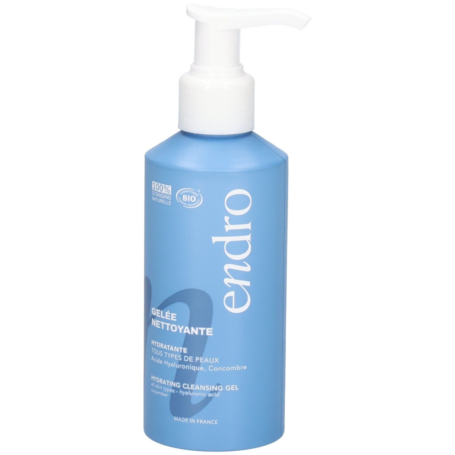 Blaue Flasche mit Pumpspender, Endro Hydrating Cleansing Gel, 100% natürliche Inhaltsstoffe.