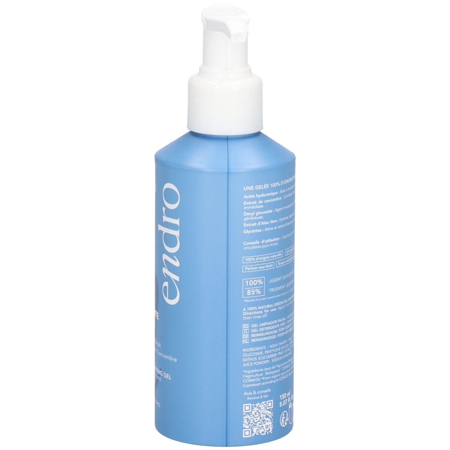 Rückseite einer blauen Flasche mit Pumpspender, Endro Hydrating Cleansing Gel, Bio-Siegel.