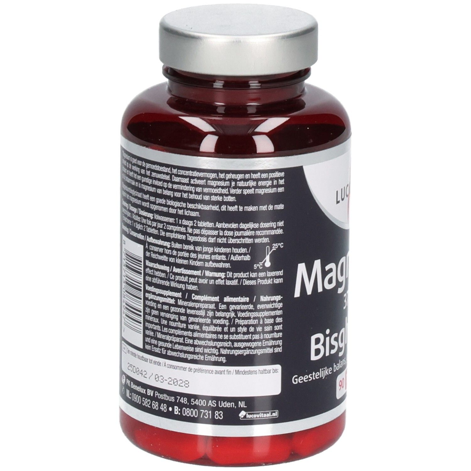 Rückseite einer braunen Flasche mit Tabletten. Textinformationen und Barcode.