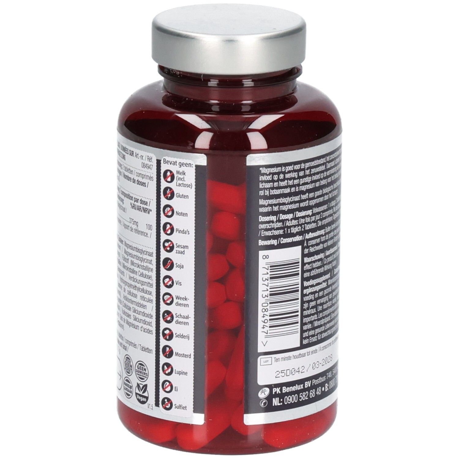 Seitenansicht einer braunen Flasche mit Tabletten. Textinformationen und Barcode.
