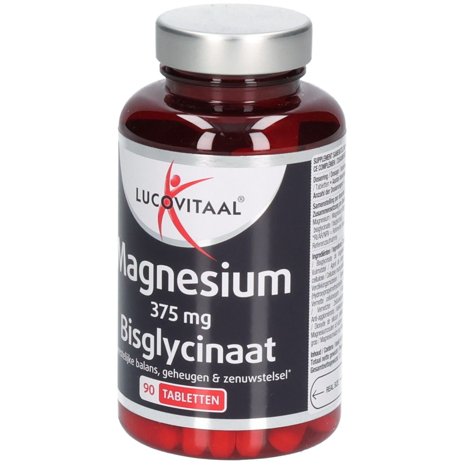 Braune Flasche mit Tabletten. Aufschrift: Lucovitaal, Magnesium 375 mg Bisglycinate, 90 Tabletten.