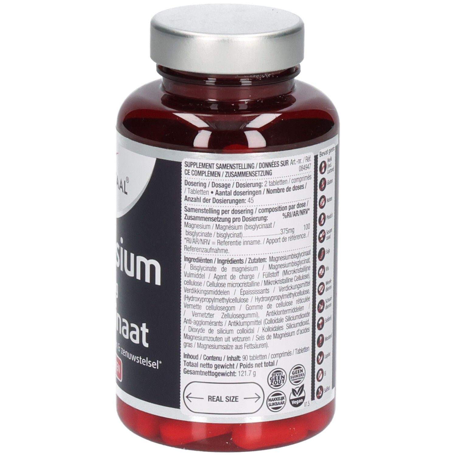 Rückseite einer braunen Flasche mit Tabletten. Textinformationen und Inhaltsstoffe.