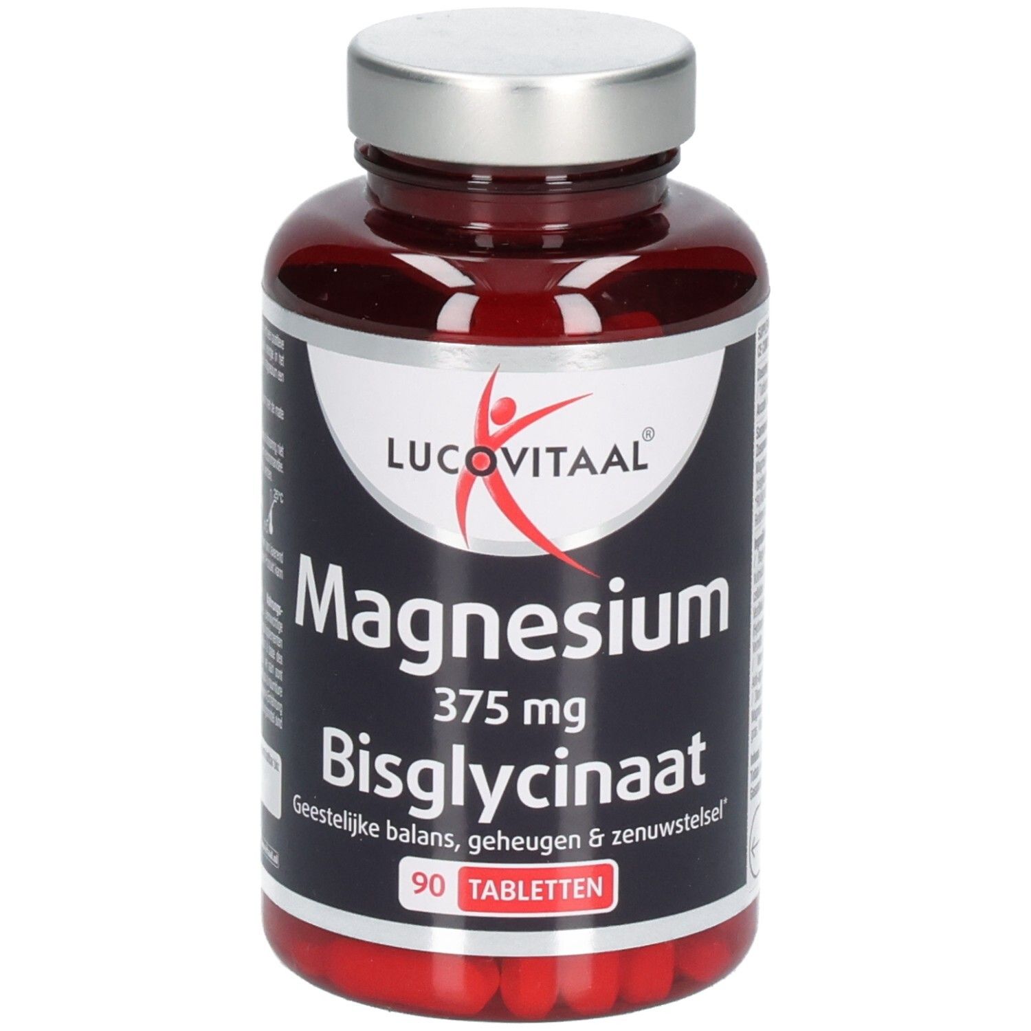 Braune Flasche mit Tabletten. Aufschrift: Lucovitaal, Magnesium 375 mg Bisglycinate, 90 Tabletten.