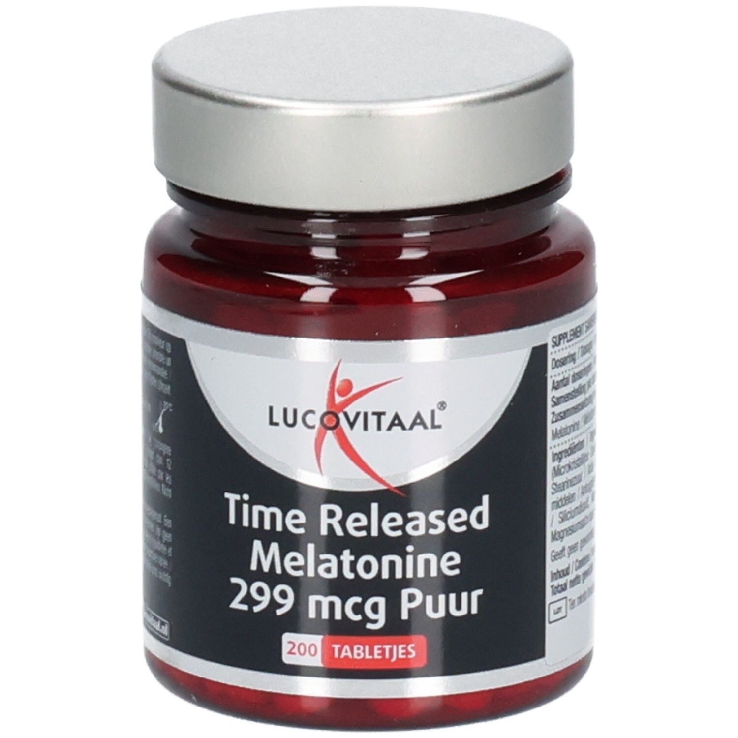 Braune Glasflasche mit silbernem Deckel. Aufschrift: Time Released Melatonine 299 mcg Puur. 200 Tabletten.