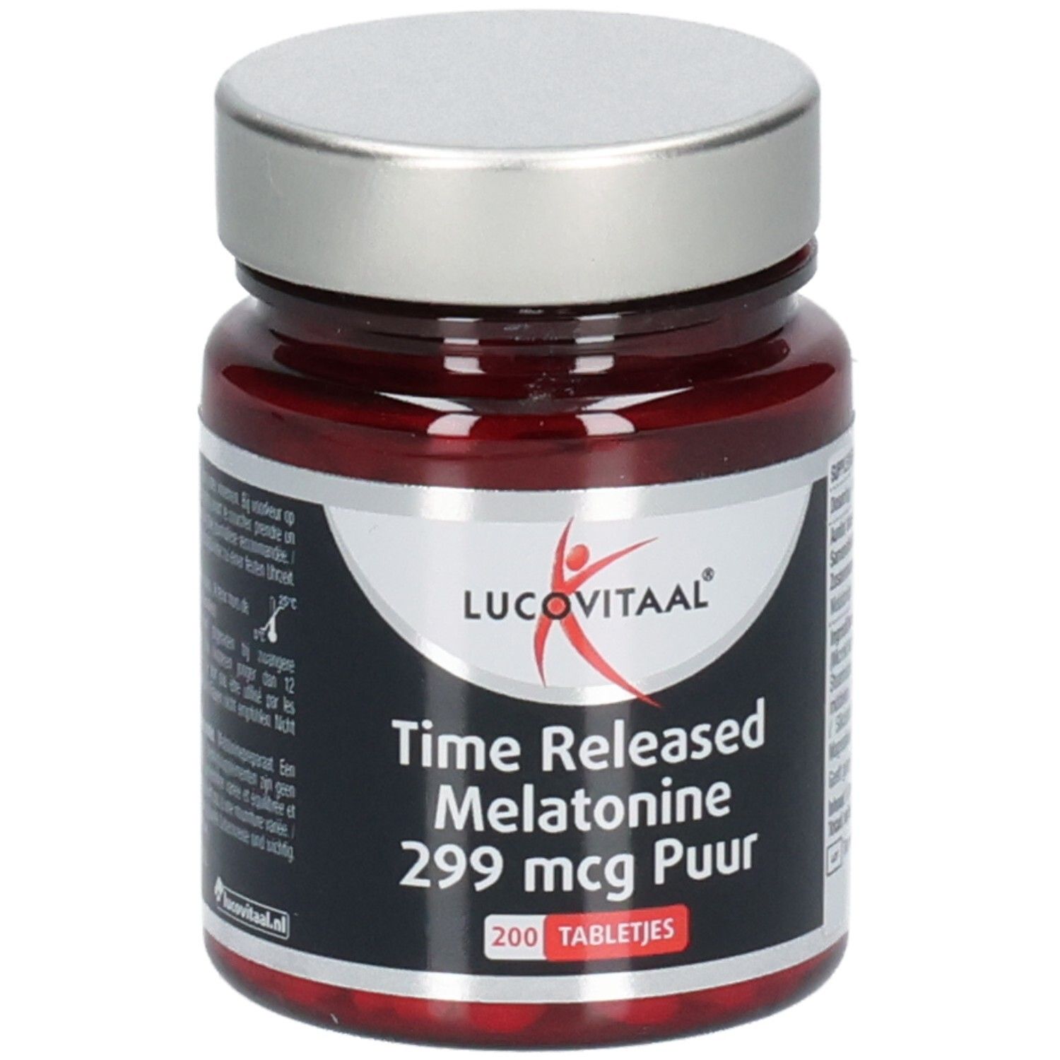 Braune Glasflasche mit silbernem Deckel. Aufschrift: Time Released Melatonine 299 mcg Puur. 200 Tabletten.