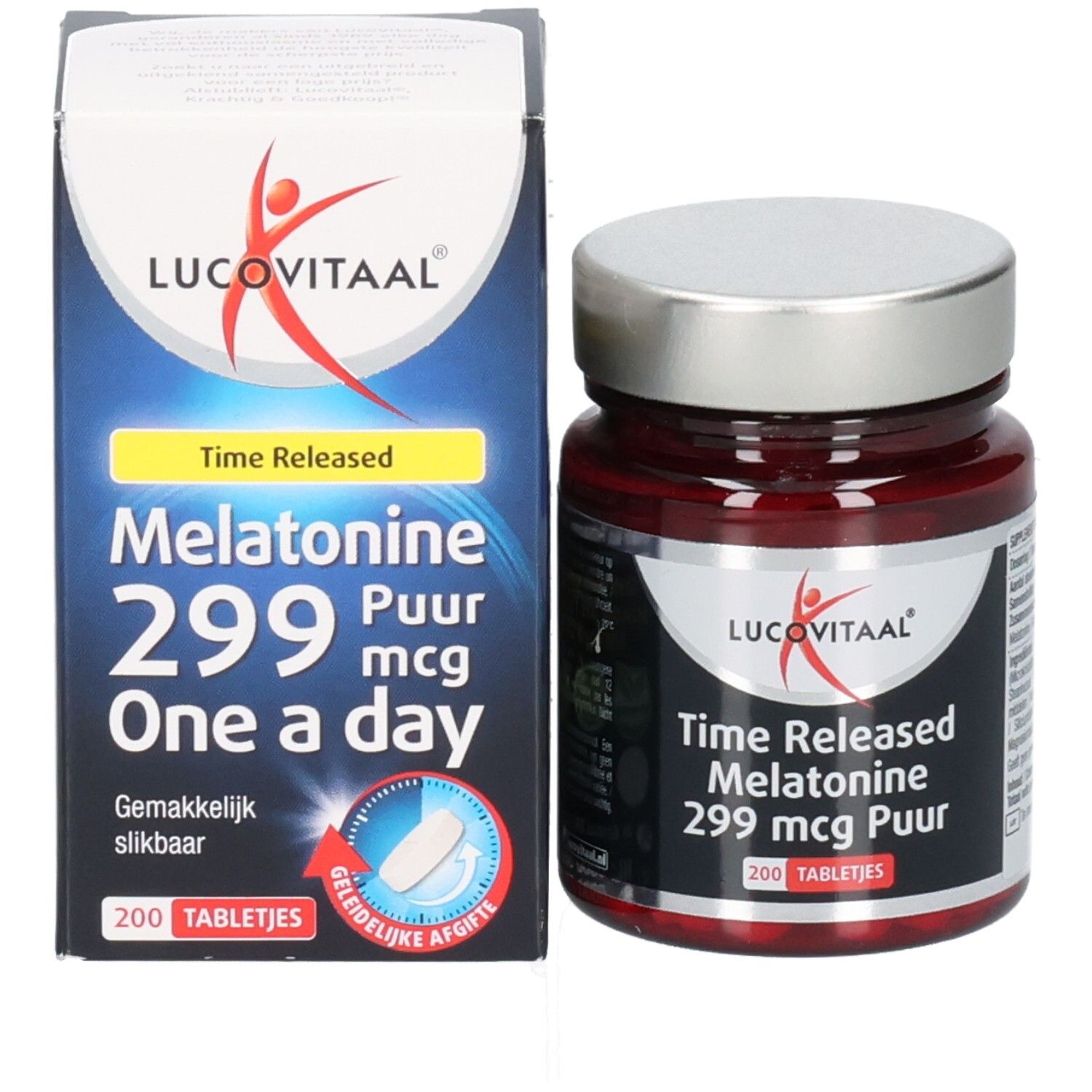 Produktverpackung und Flasche. Verpackung: Melatonine 299 mcg Puur. Flasche: 200 Tabletten.