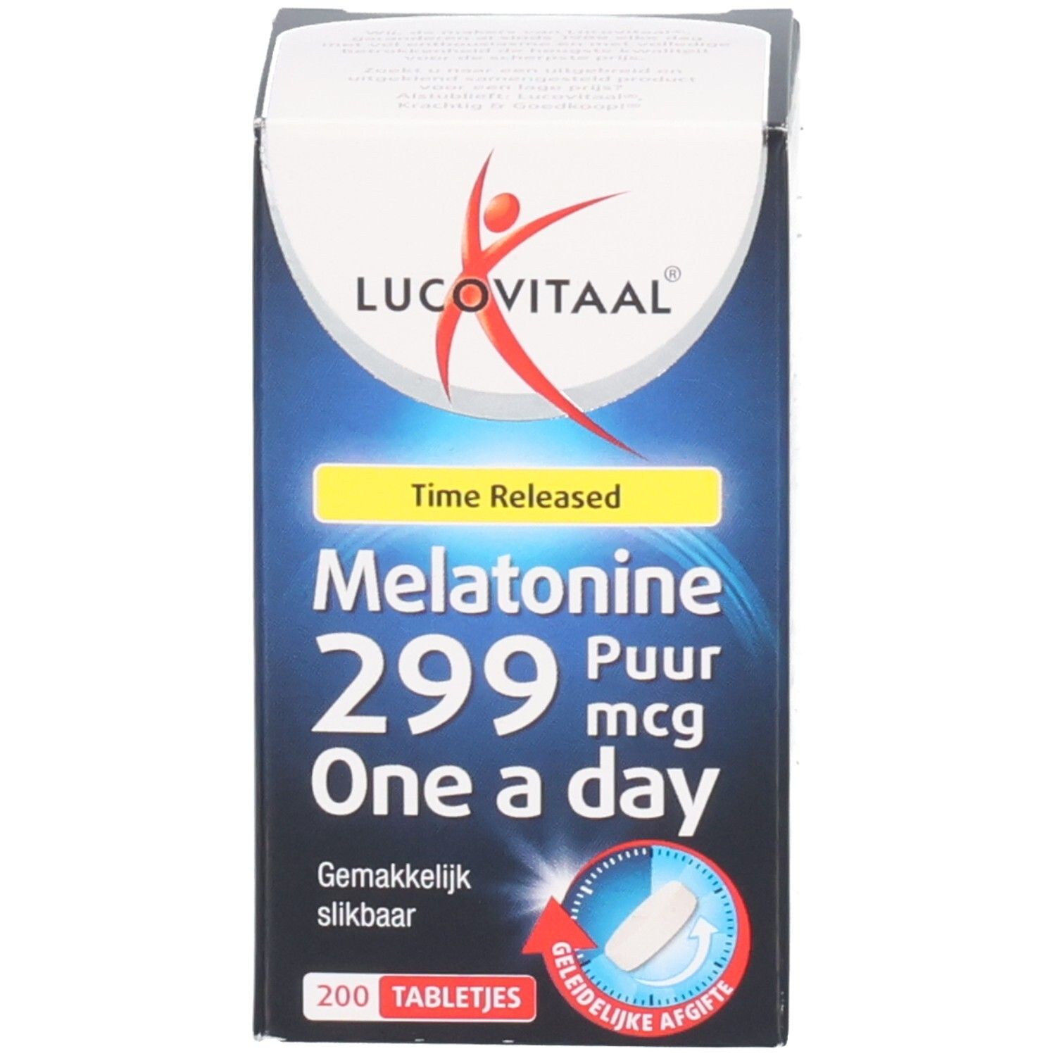 Produktverpackung. Aufschrift: Melatonine 299 mcg Puur. 200 Tabletten. One a day.