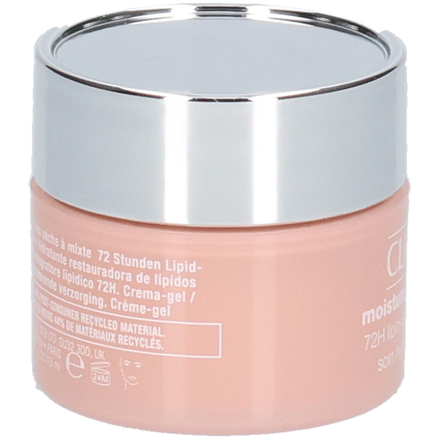 Creme-Gel-Tiegel mit silbernem Deckel. Rosa Behälter mit Text. Clinique Moisture Surge Intense 72H.