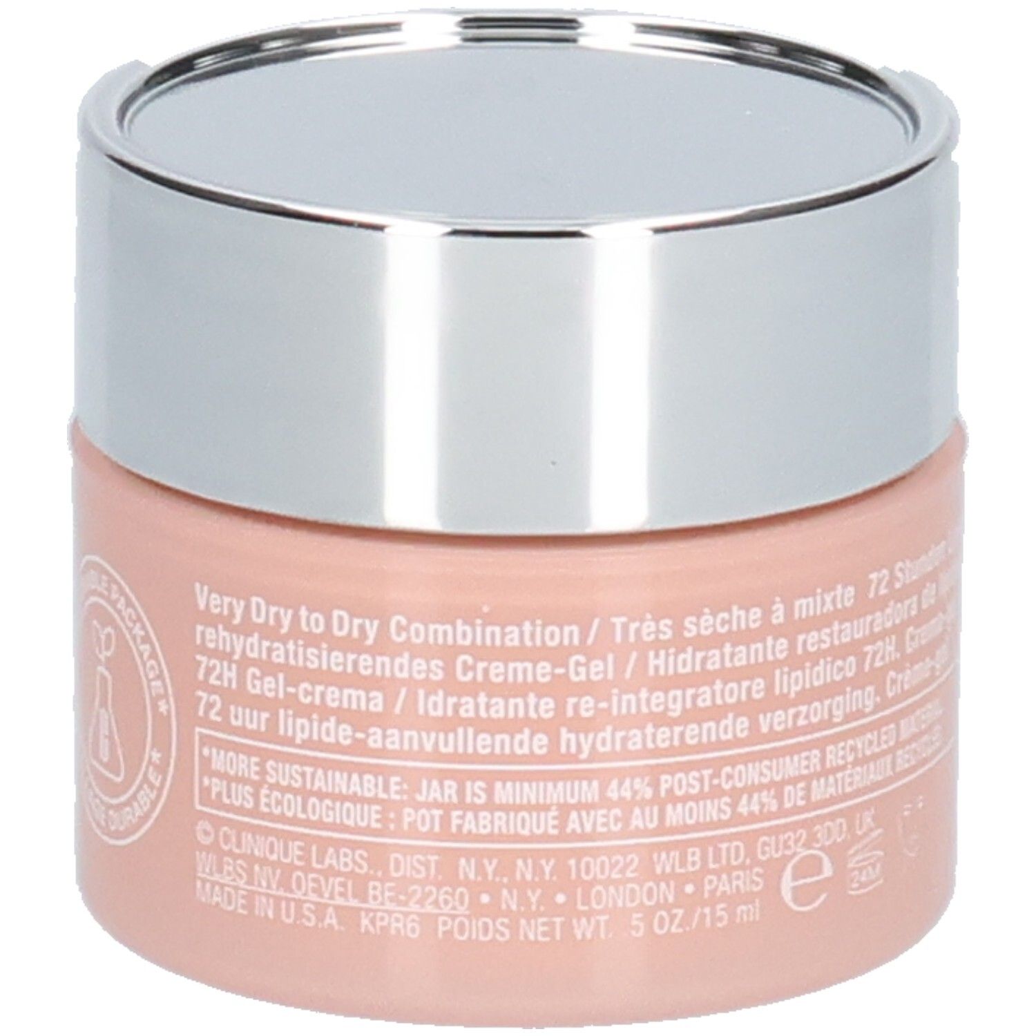 Creme-Gel-Tiegel mit silbernem Deckel. Rosa Behälter mit Text. Clinique Moisture Surge Intense 72H.