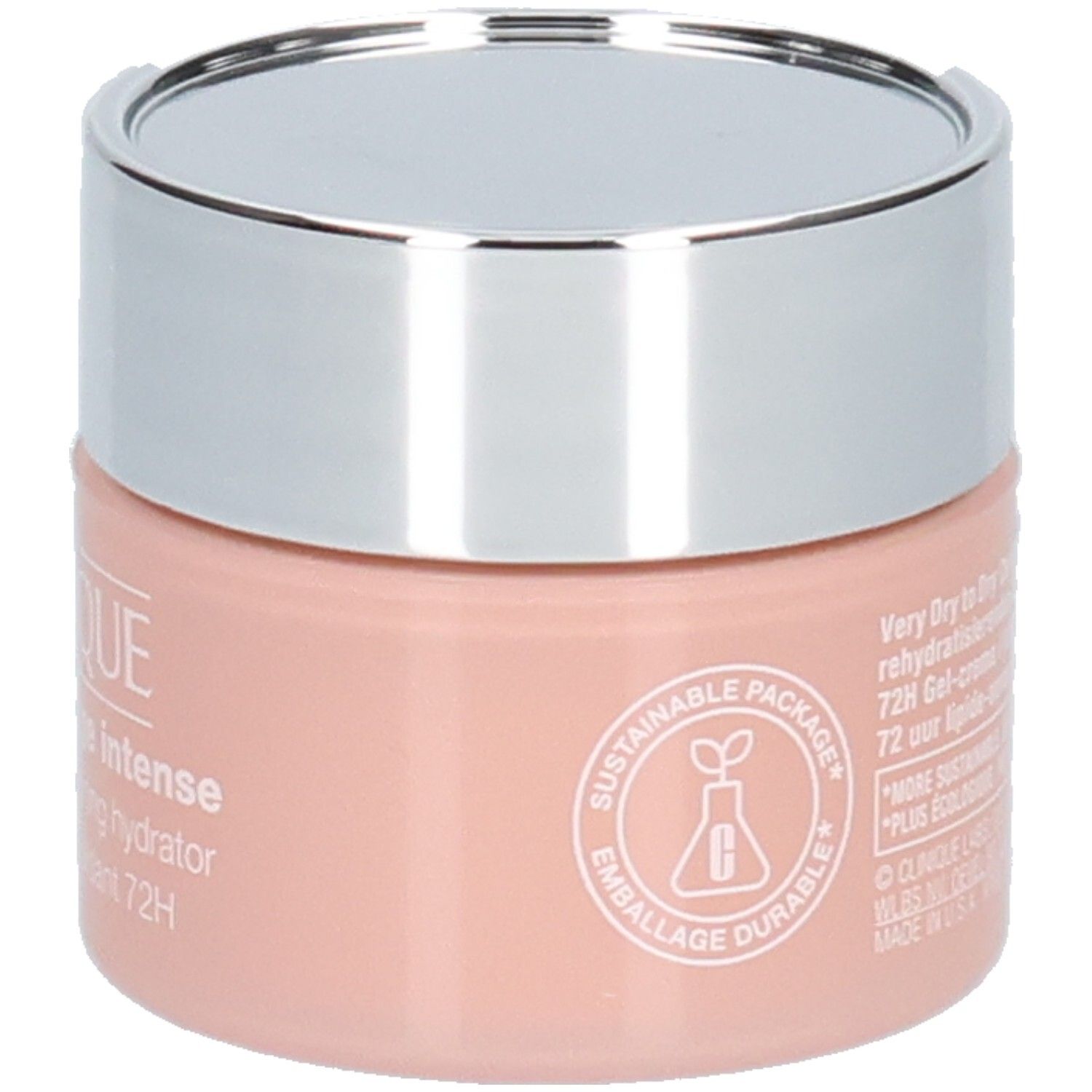 Creme-Gel-Tiegel mit silbernem Deckel. Rosa Behälter mit Text. Clinique Moisture Surge Intense 72H.