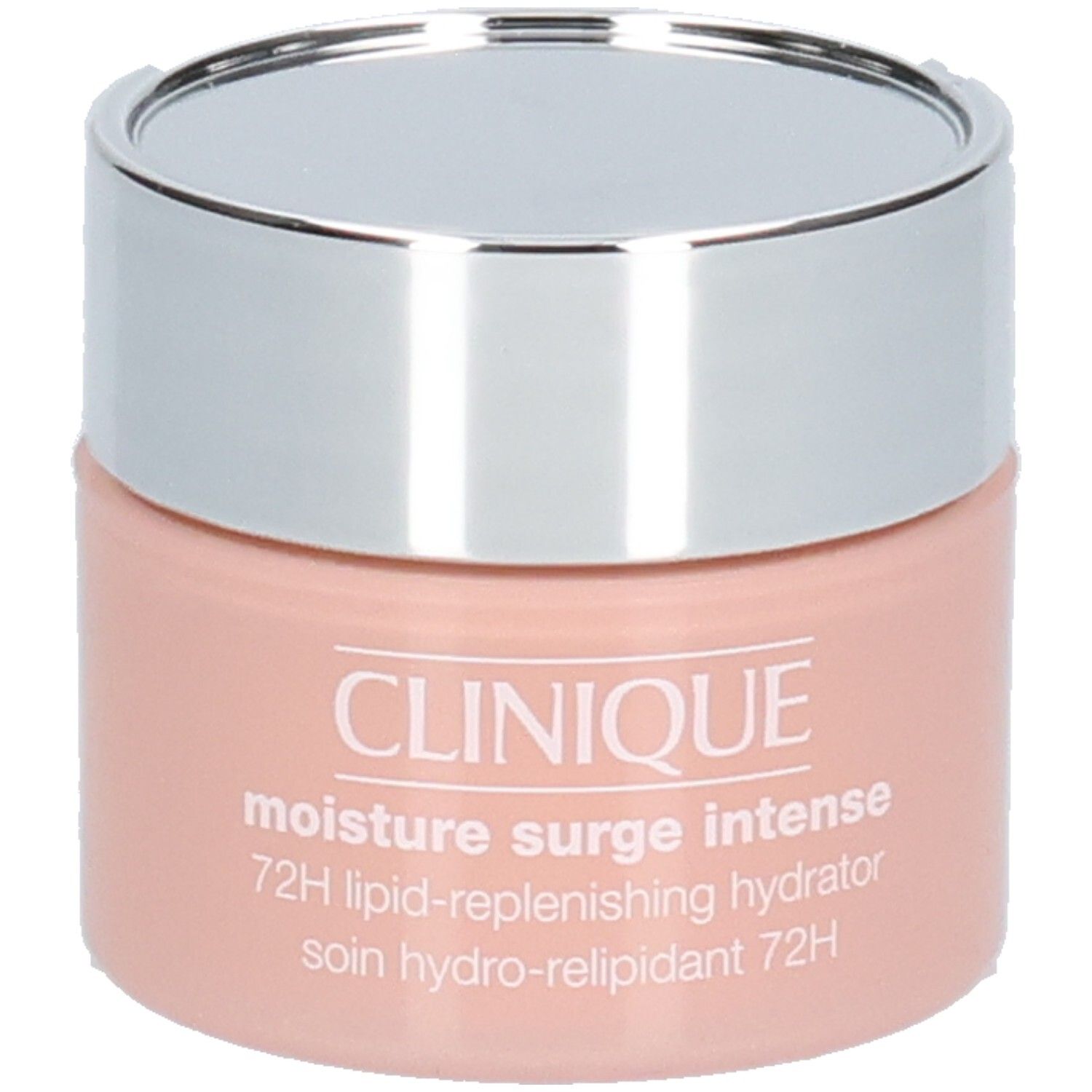 Creme-Gel-Tiegel mit silbernem Deckel. Rosa Behälter mit Text. Clinique Moisture Surge Intense 72H.