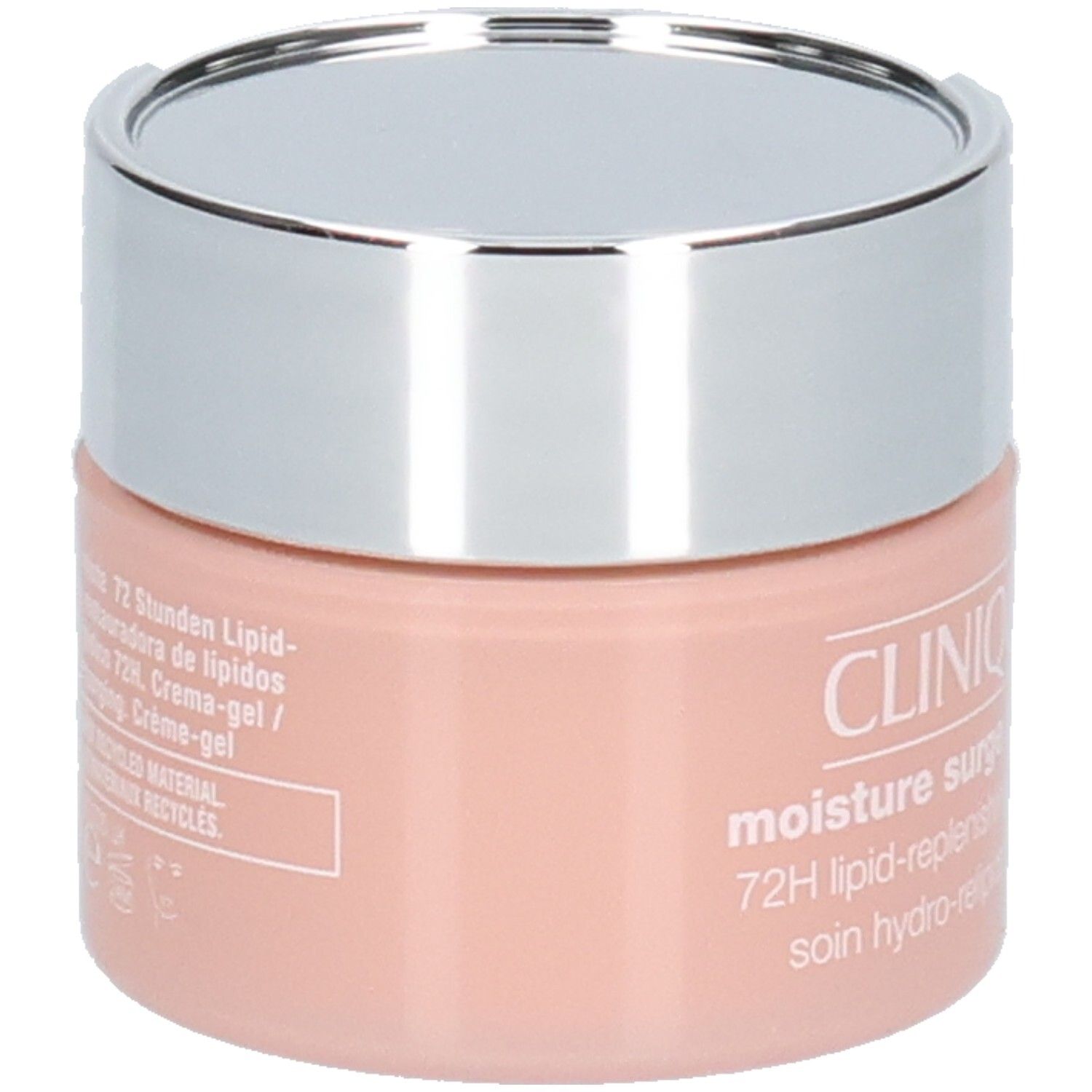Creme-Gel-Tiegel mit silbernem Deckel. Rosa Behälter mit Text. Clinique Moisture Surge Intense 72H.
