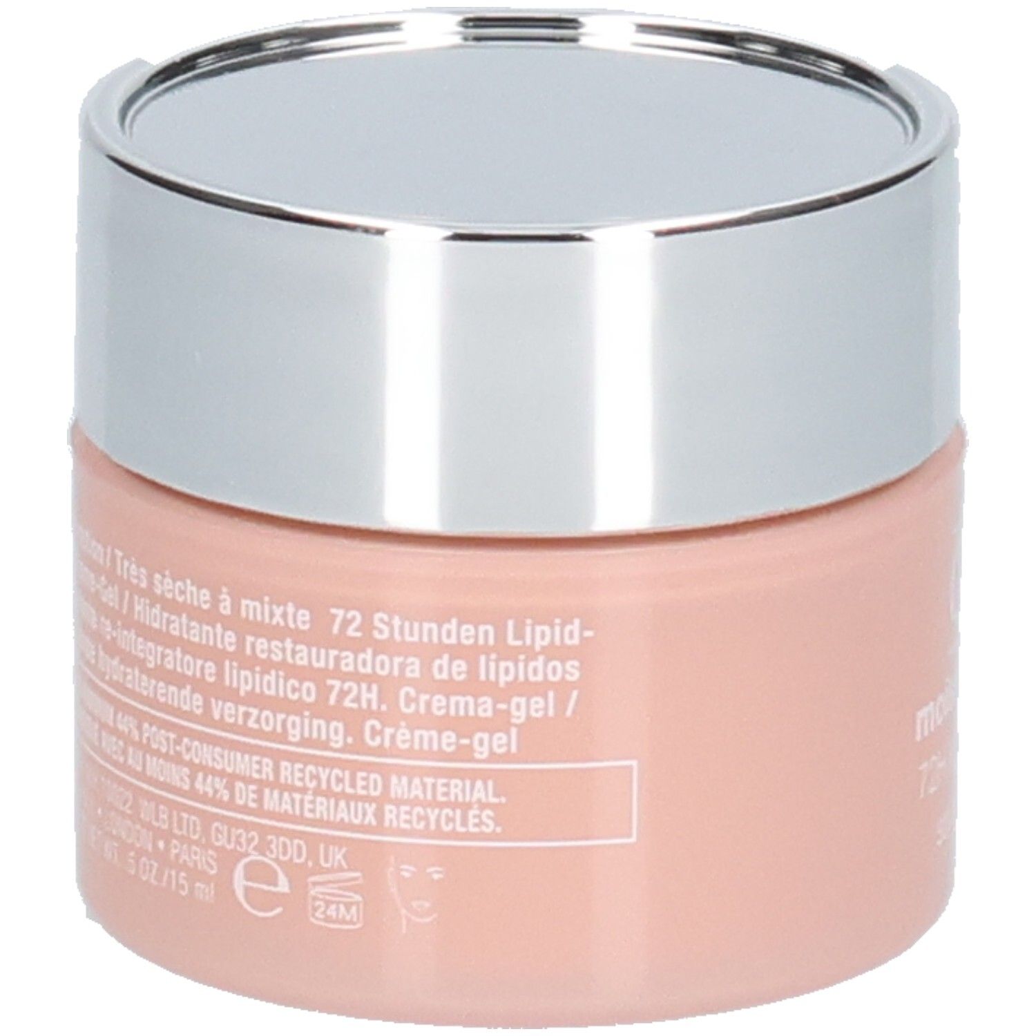 Creme-Gel-Tiegel mit silbernem Deckel. Rosa Behälter mit Text. Clinique Moisture Surge Intense 72H.