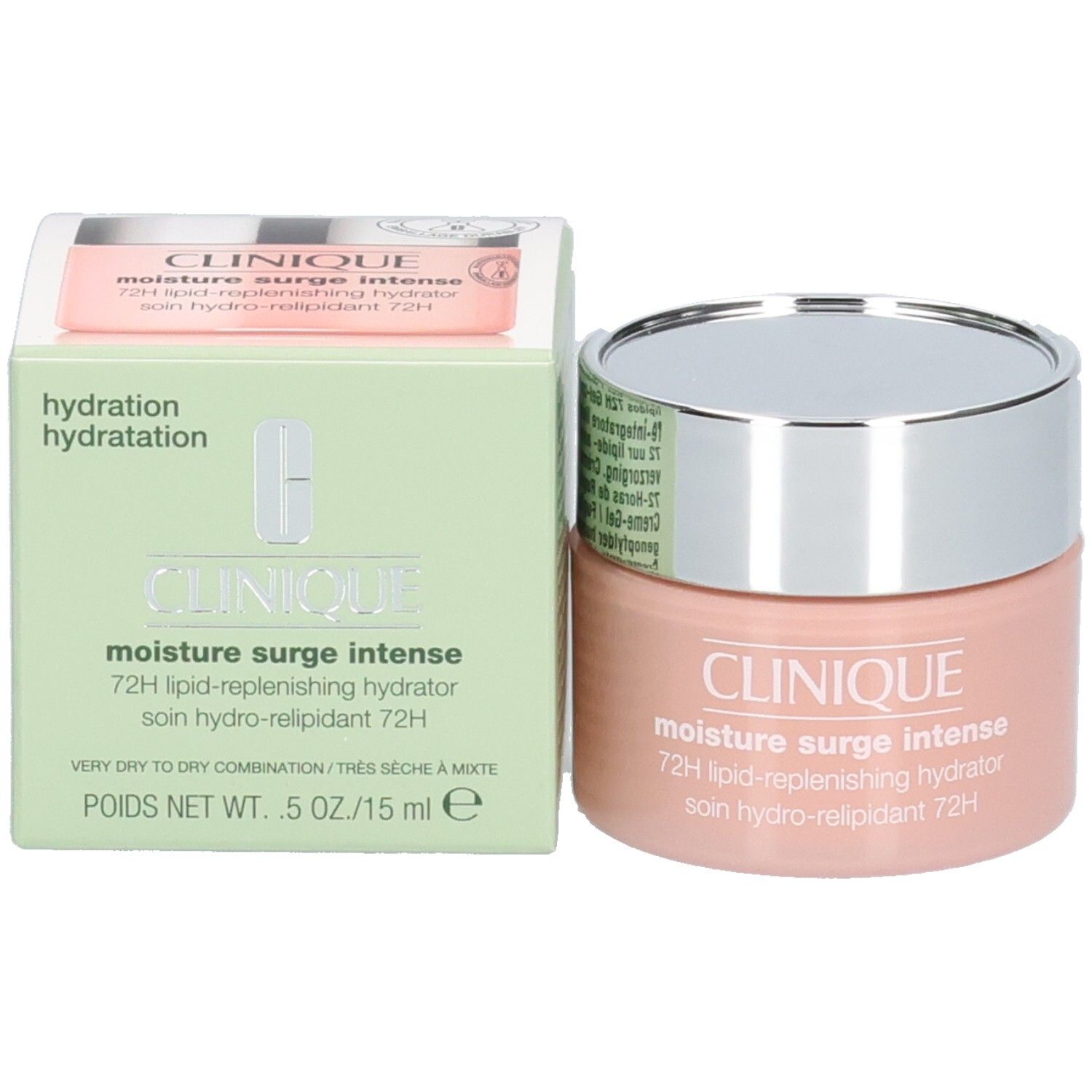 Produkt und Verpackung. Clinique Moisture Surge Intense 72H. Creme-Gel und grüne Schachtel.