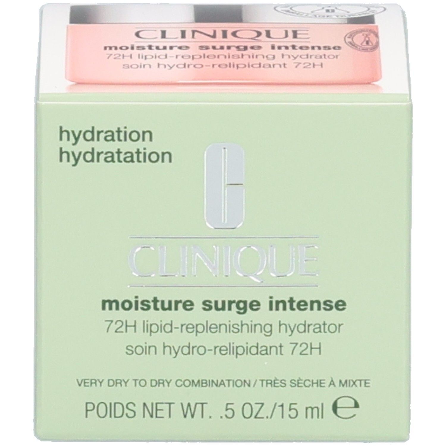 Grüne Schachtel mit Produktabbildung. Clinique Moisture Surge Intense 72H. Text.