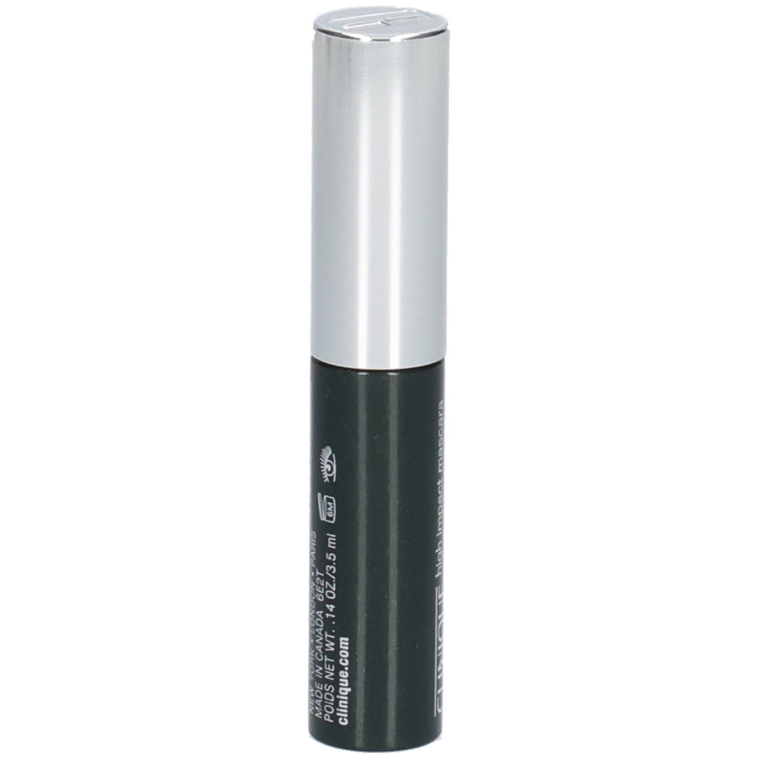 CLINIQUE High Impact Mascara, schwarzer Behälter mit silbernem Deckel.