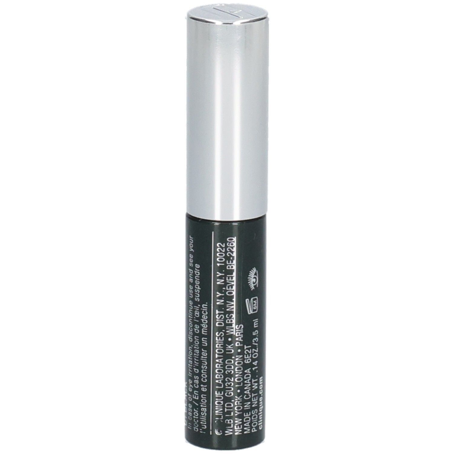 CLINIQUE High Impact Mascara, schwarzer Behälter mit silbernem Deckel und Produktinformationen.