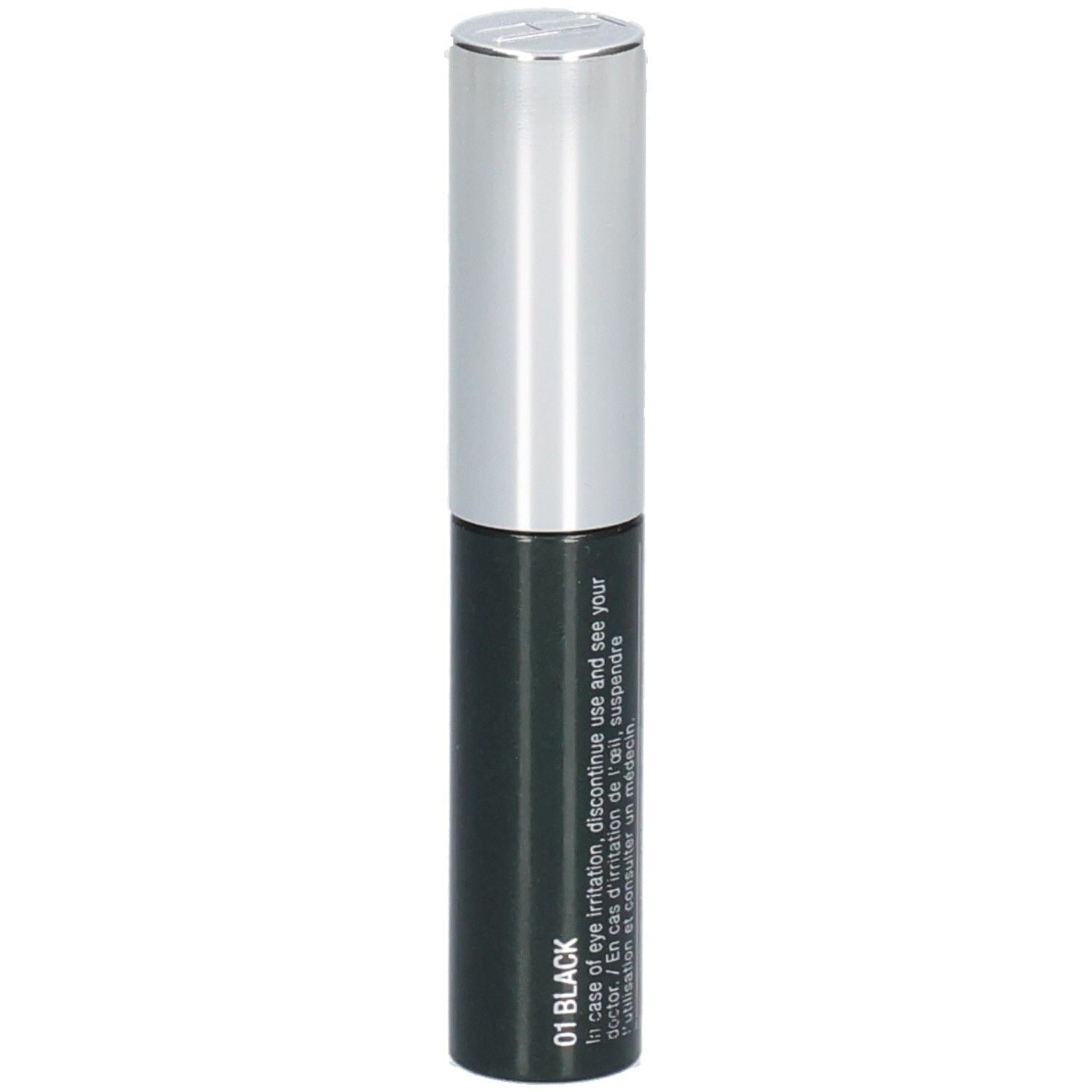 CLINIQUE High Impact Mascara, schwarzer Behälter mit silbernem Deckel, "01 BLACK" aufgedruckt.