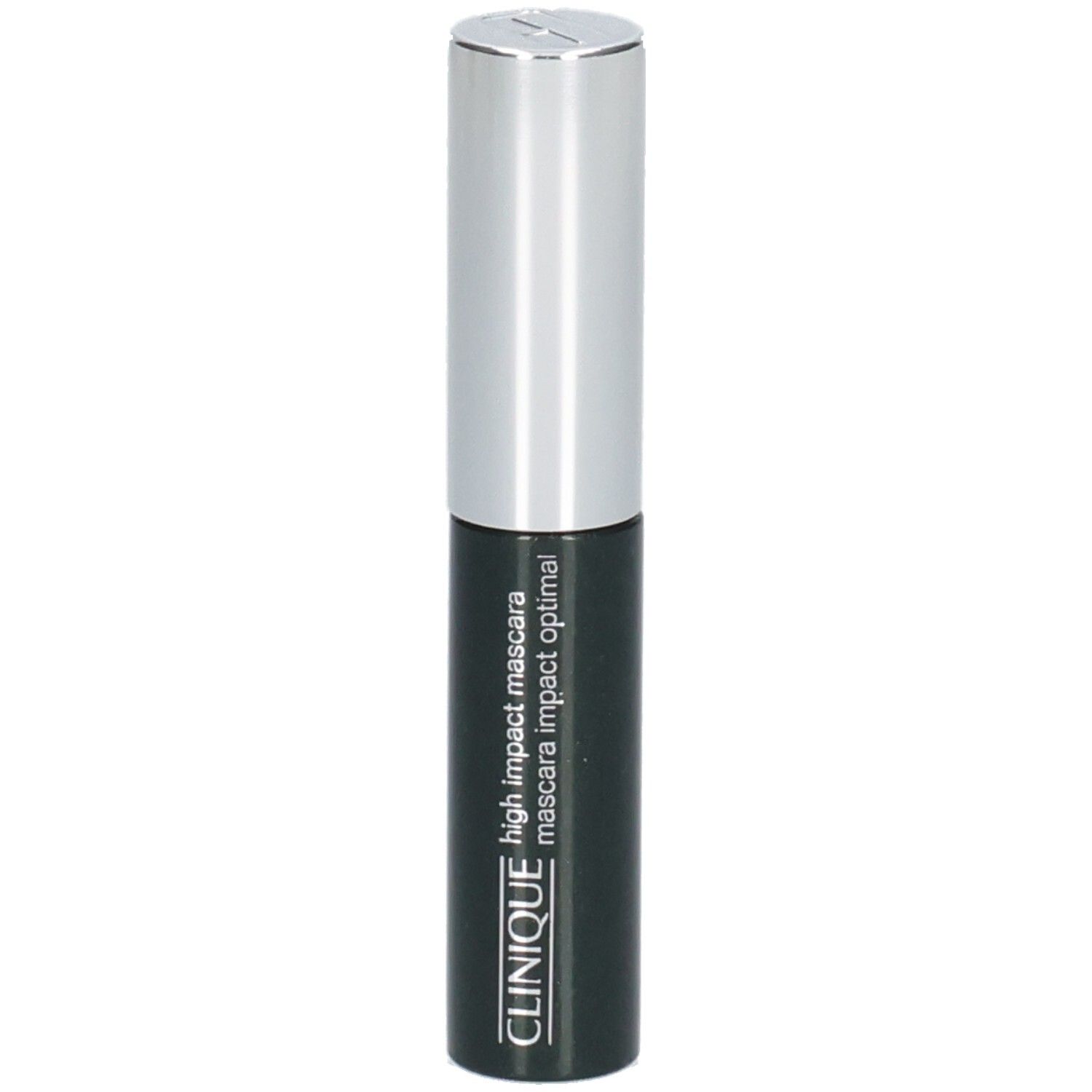 CLINIQUE High Impact Mascara, schwarzer Behälter mit silbernem Deckel und Produktname.