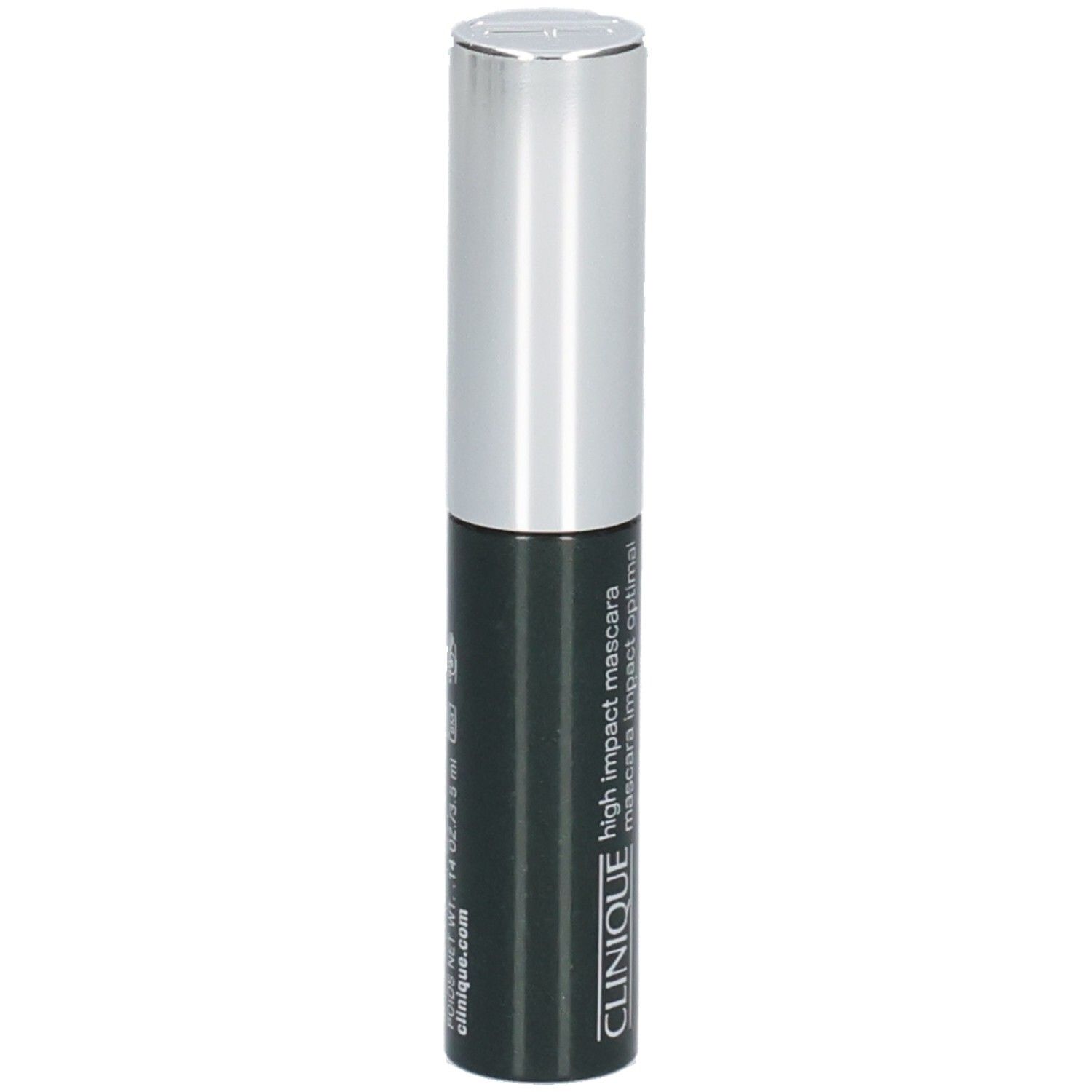 CLINIQUE High Impact Mascara, schwarzer Behälter mit silbernem Deckel und Produktinformationen.