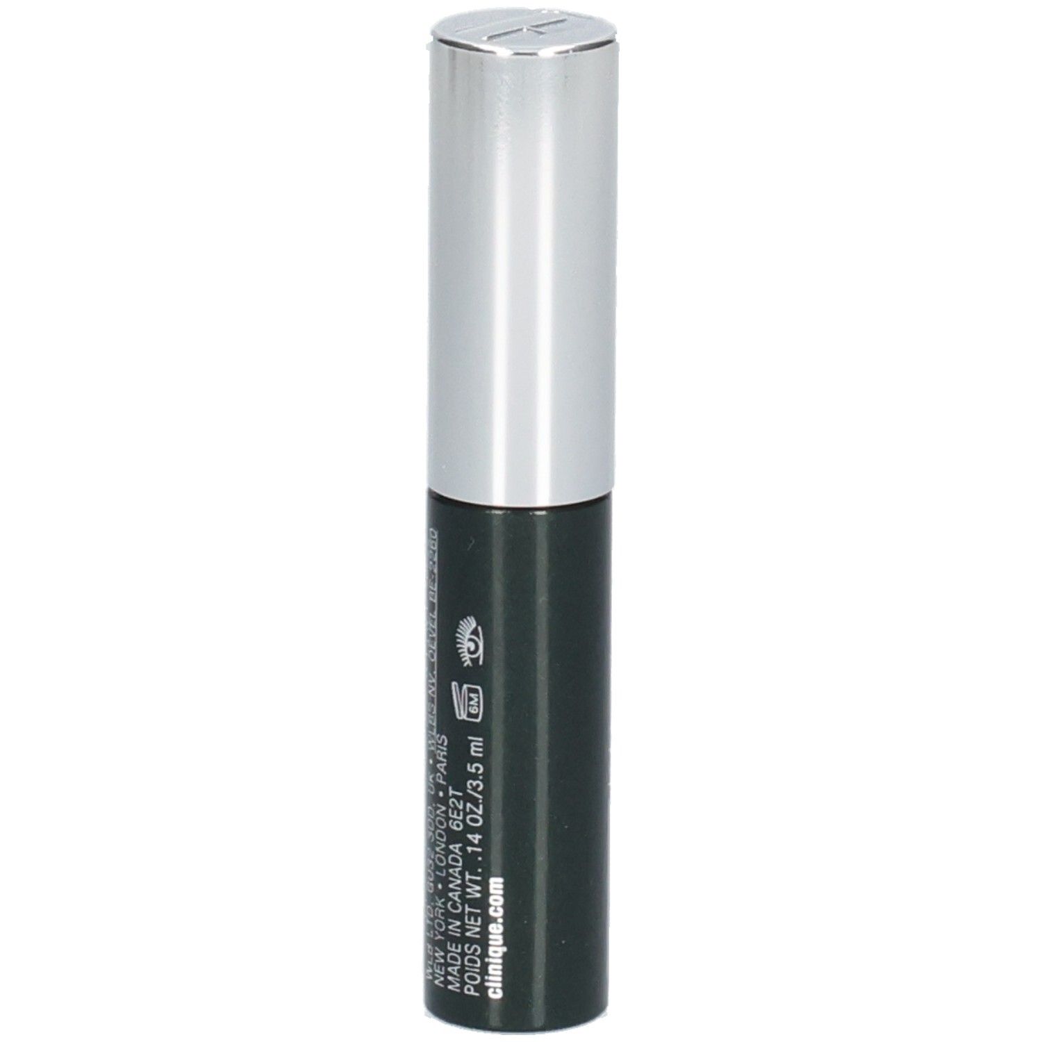 CLINIQUE High Impact Mascara, schwarzer Behälter mit silbernem Deckel und Produktinformationen.
