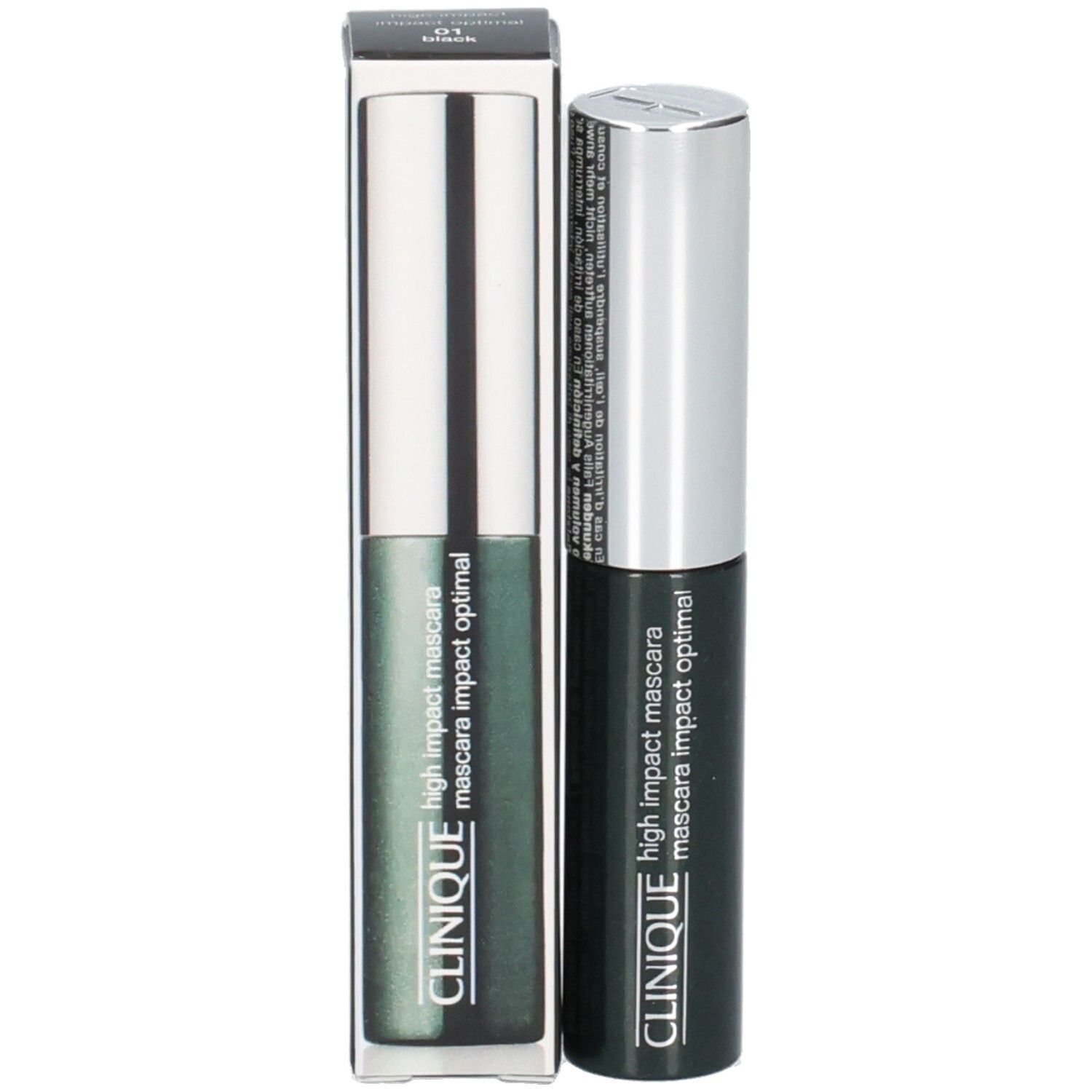 CLINIQUE High Impact Mascara, schwarzer Behälter mit silbernem Deckel, neben der Verpackung.