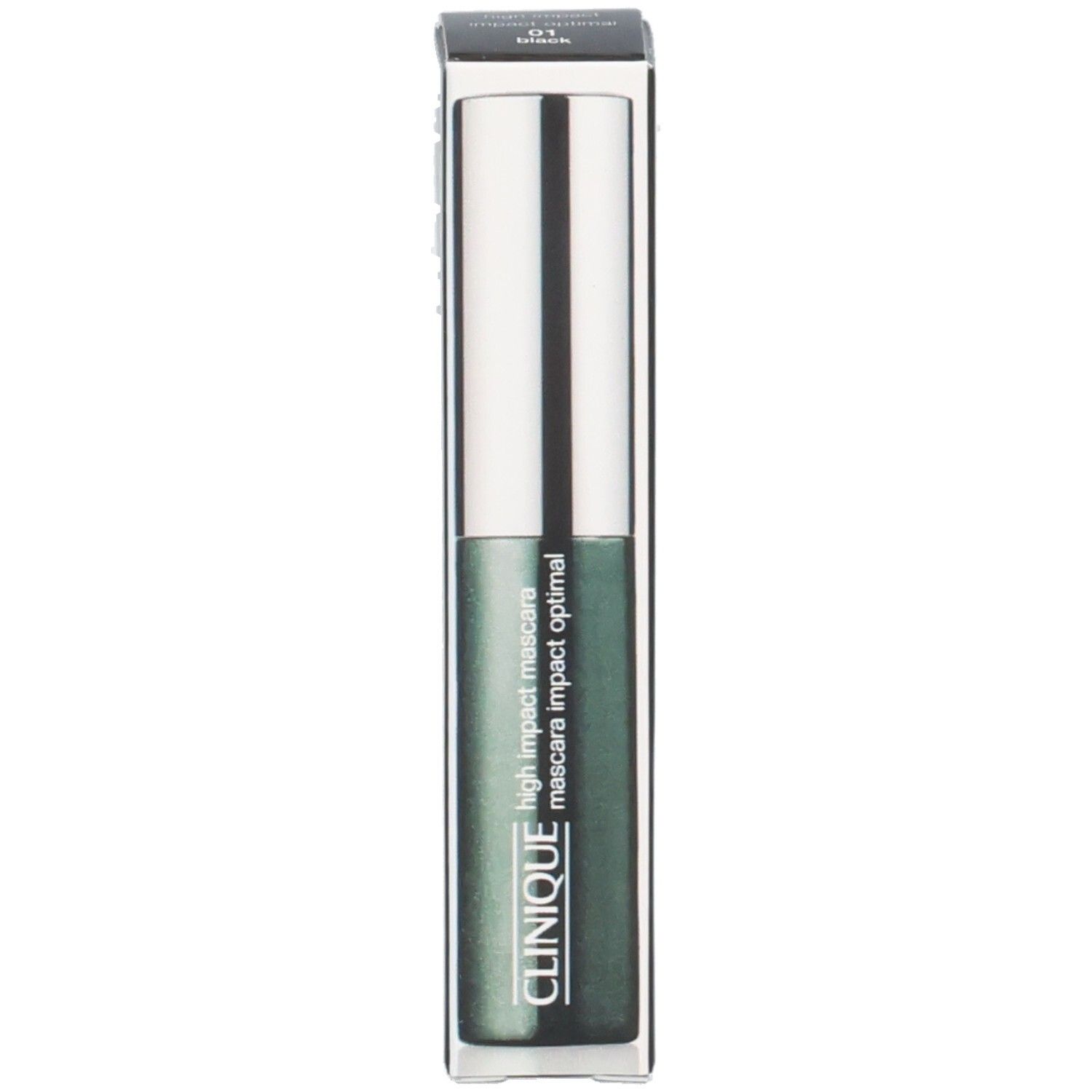 CLINIQUE High Impact Mascara, schwarzer Behälter mit silbernem Deckel, neben der Verpackung.