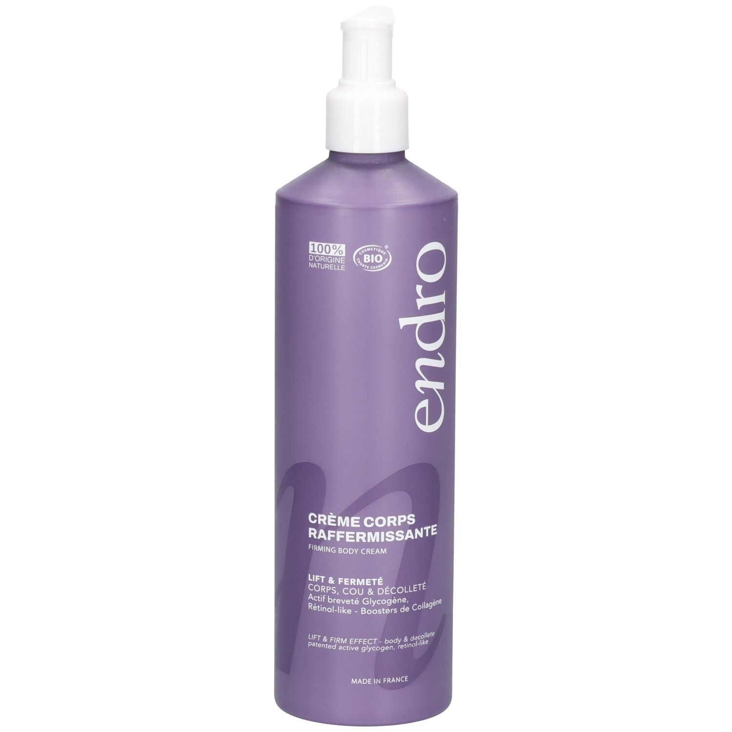 Lila Pumpflasche mit Endro Anti-Aging Körpercreme. 100% natürliche und Bio-Siegel.