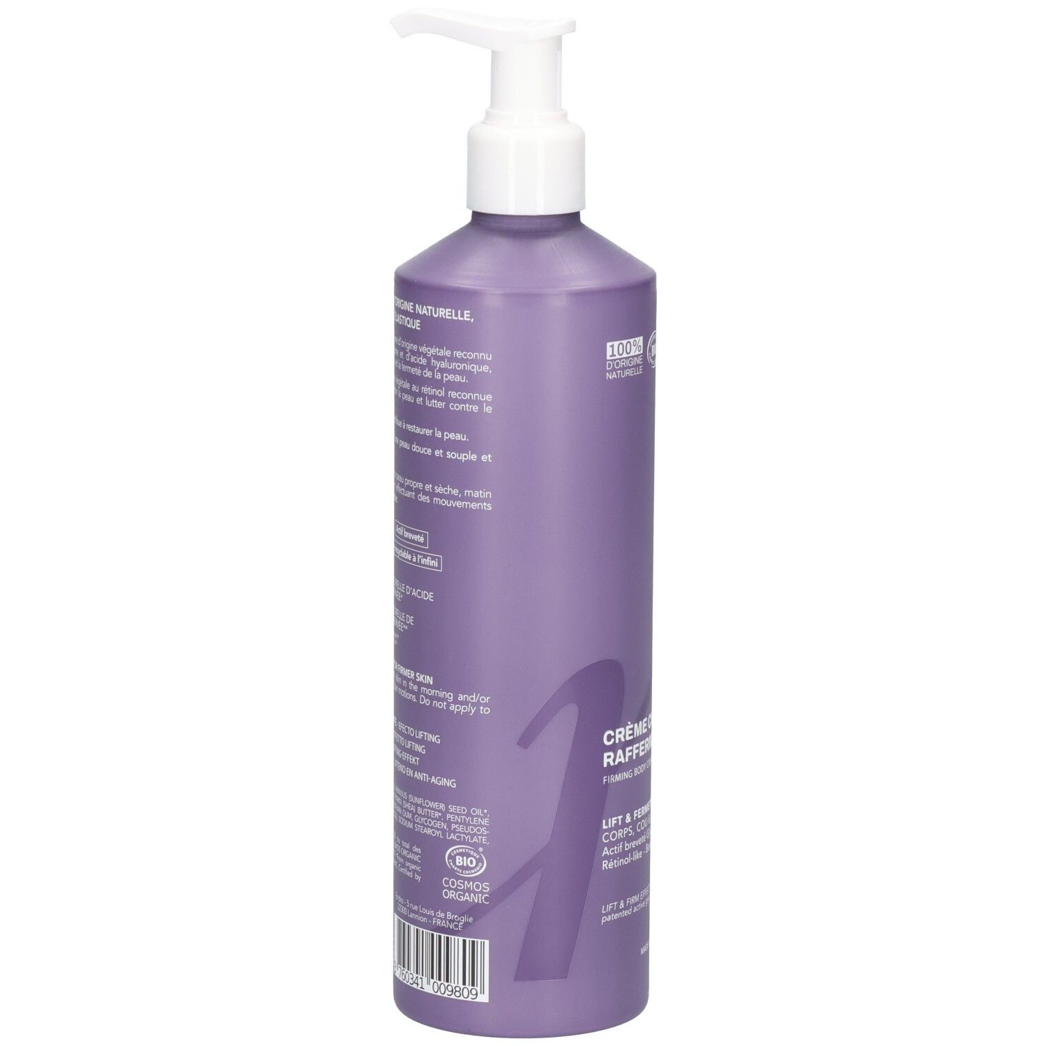 Rückseite einer lila Pumpflasche mit Endro Anti-Aging Körpercreme. Enthält Bio-Siegel und Produktinformationen.